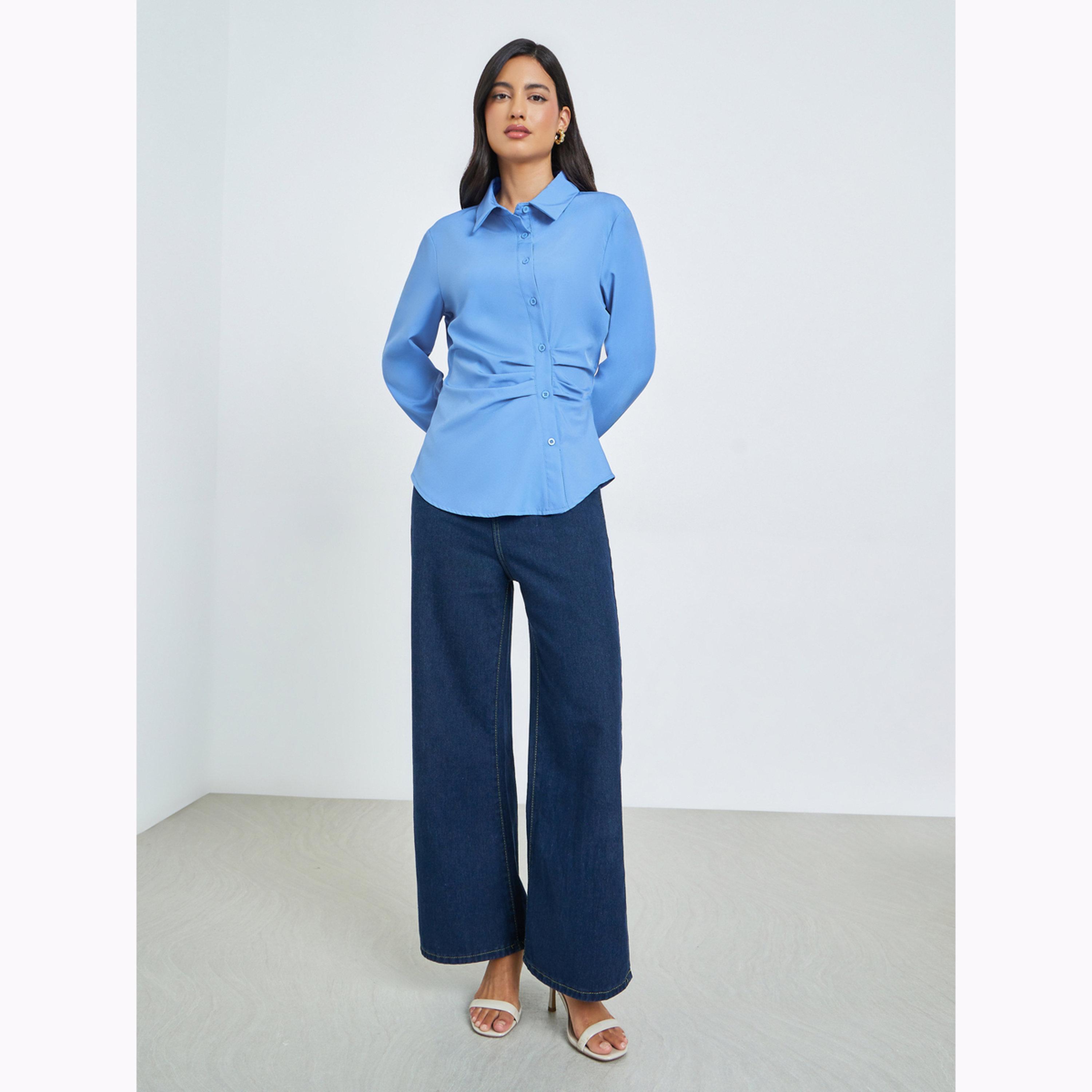 Styli Blue Solid Irregular Placket Gathered Waist Shirt-women-clothing-shirtsandblouses-shirts-image-2