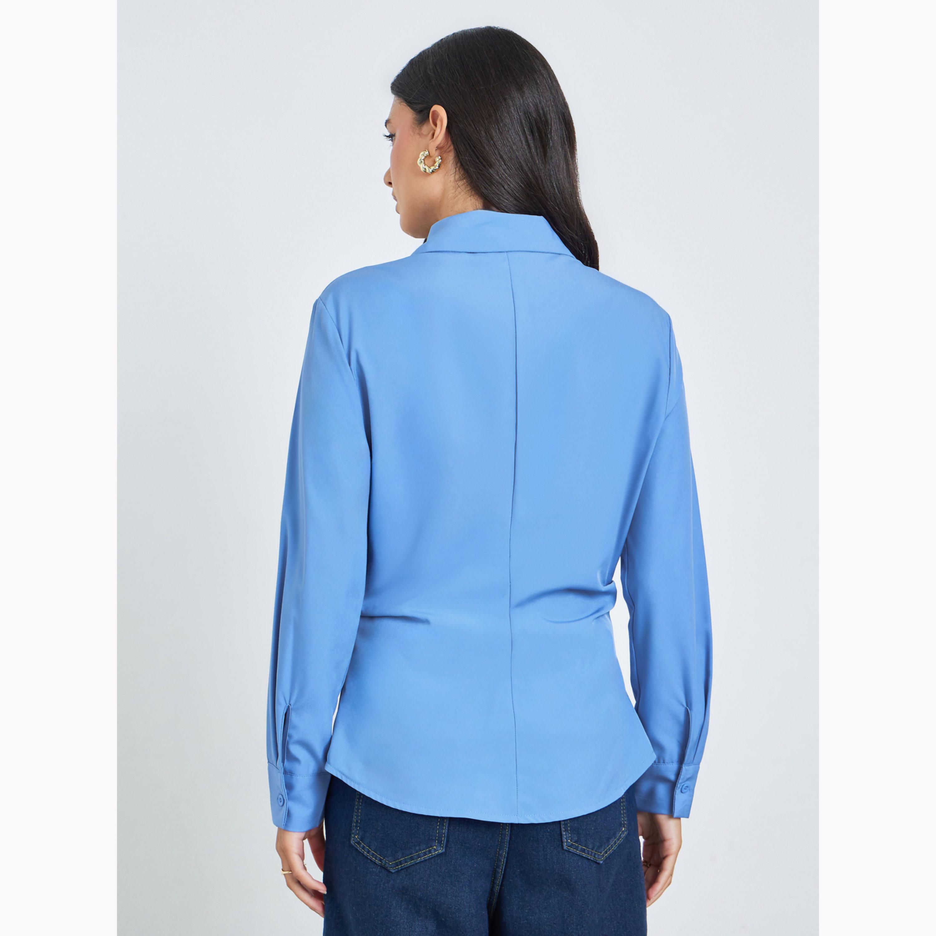 Styli Blue Solid Irregular Placket Gathered Waist Shirt-women-clothing-shirtsandblouses-shirts-image-3
