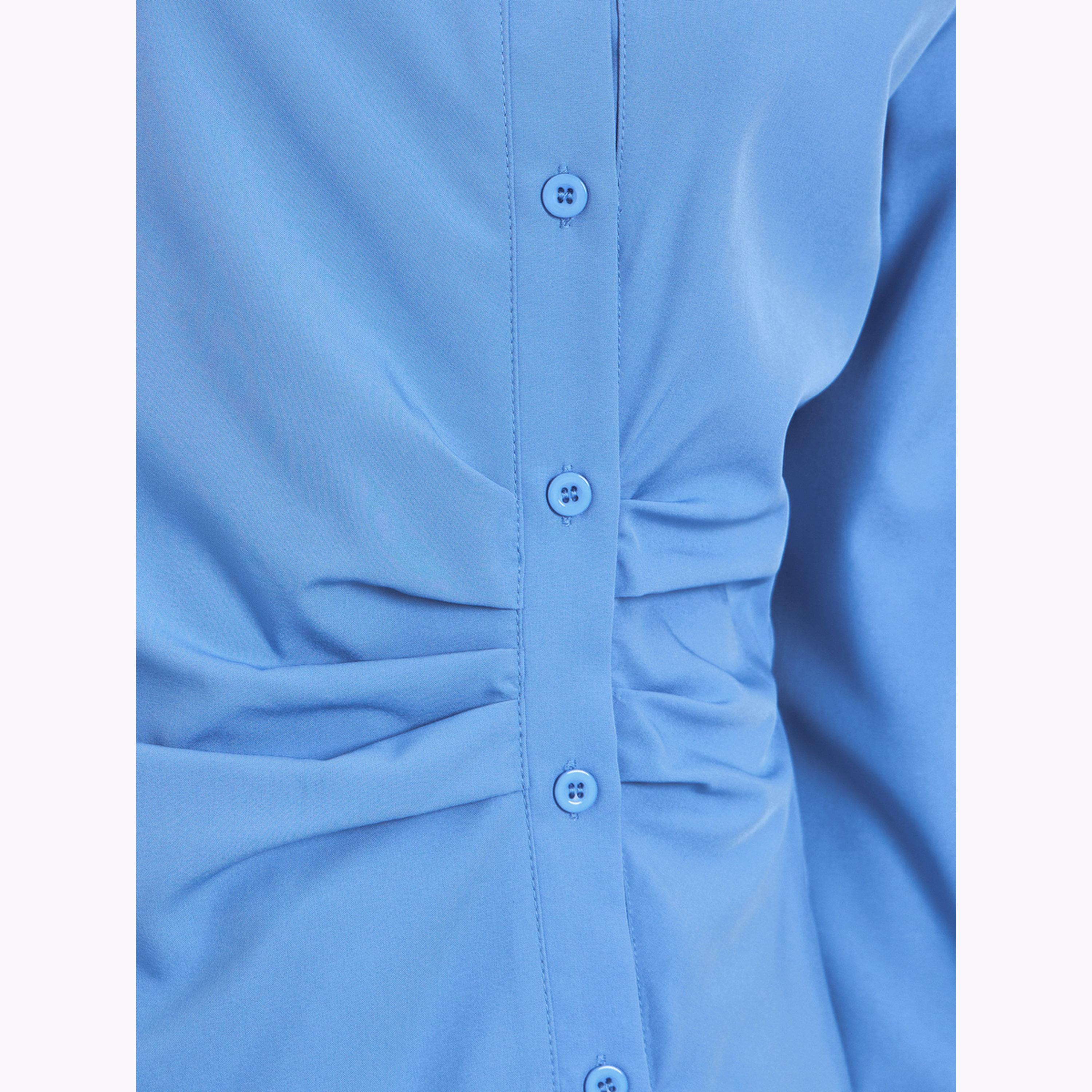 Styli Blue Solid Irregular Placket Gathered Waist Shirt-women-clothing-shirtsandblouses-shirts-image-4