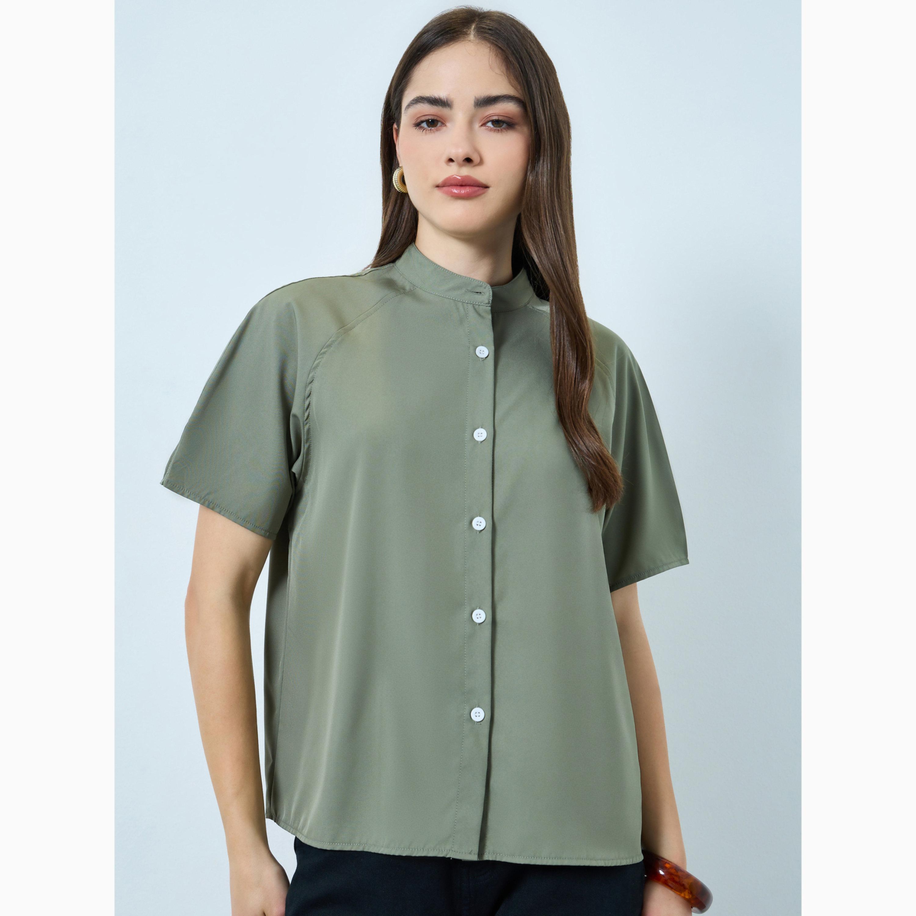 Styli Khaki Solid Raglan Sleeve Stand Collar Shirt-women-clothing-shirtsandblouses-shirts-image-1