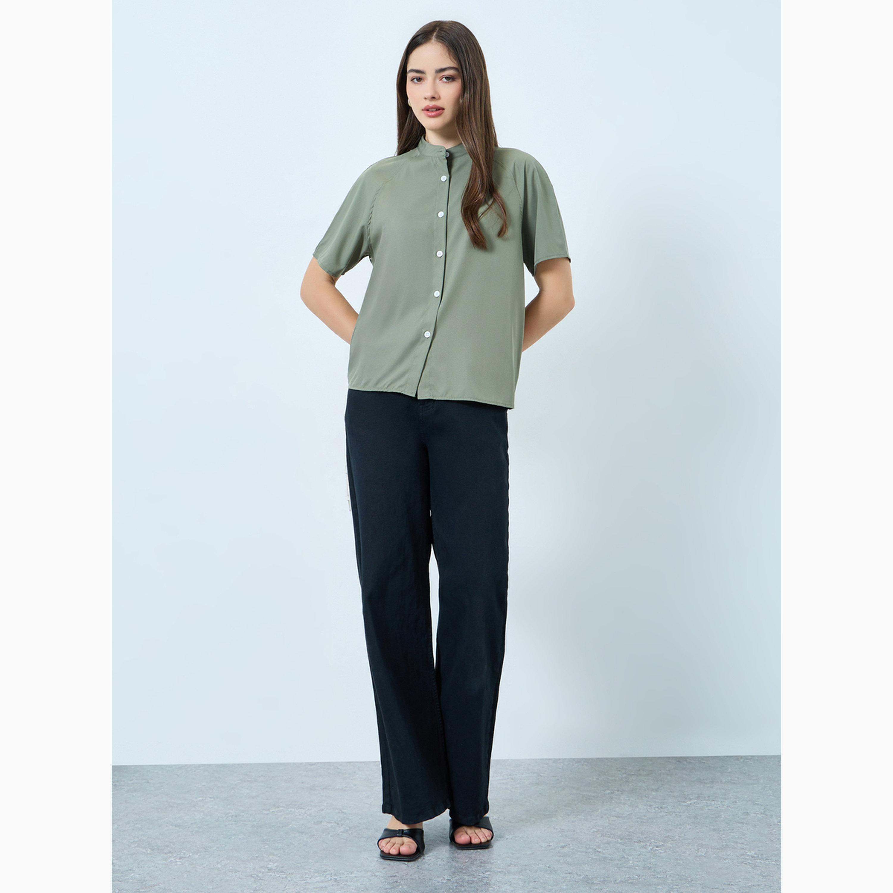Styli Khaki Solid Raglan Sleeve Stand Collar Shirt-women-clothing-shirtsandblouses-shirts-image-2