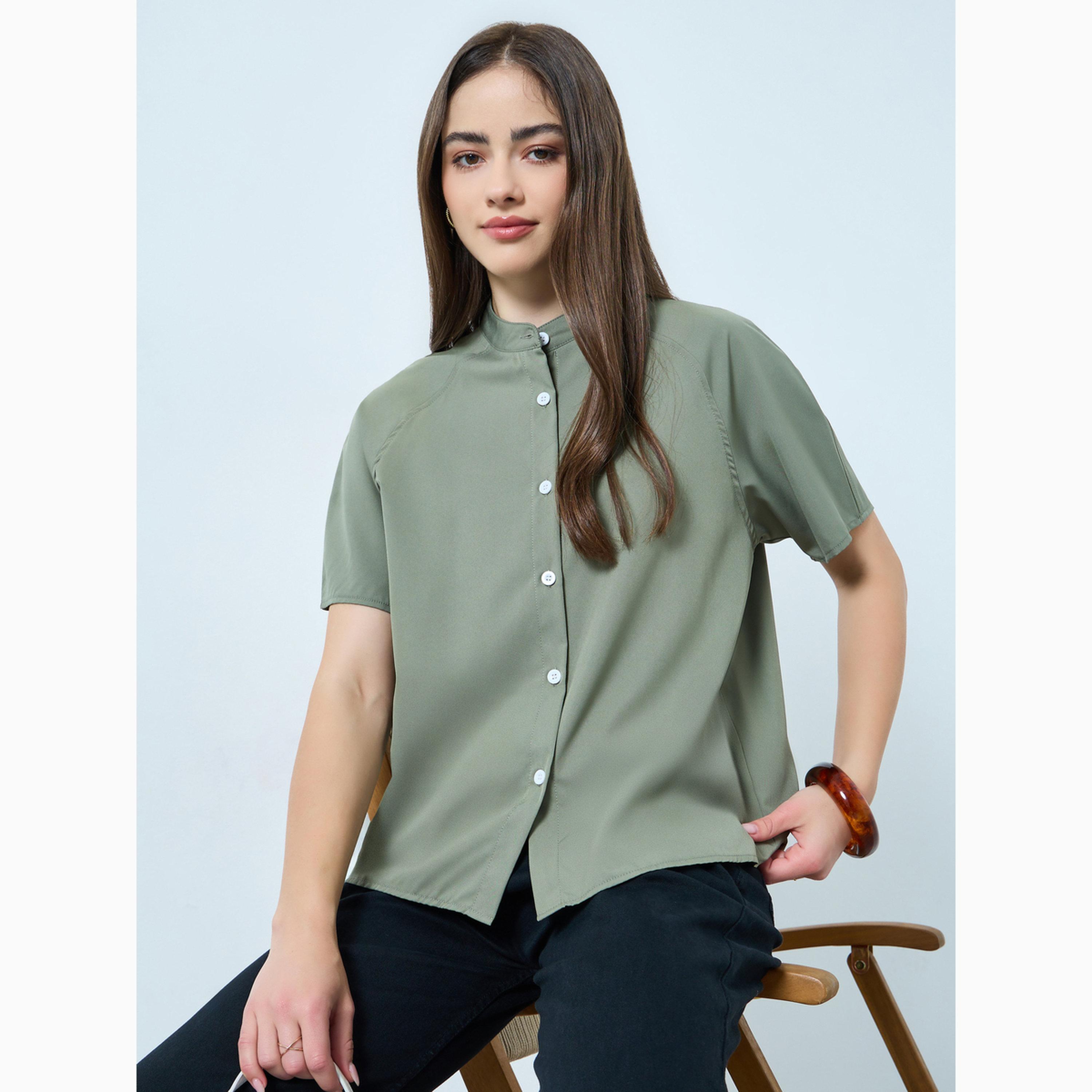 قميص كاكي سادة بأكمام راجلان وياقة قائمة-women-clothing-shirtsandblouses-shirts-image-3