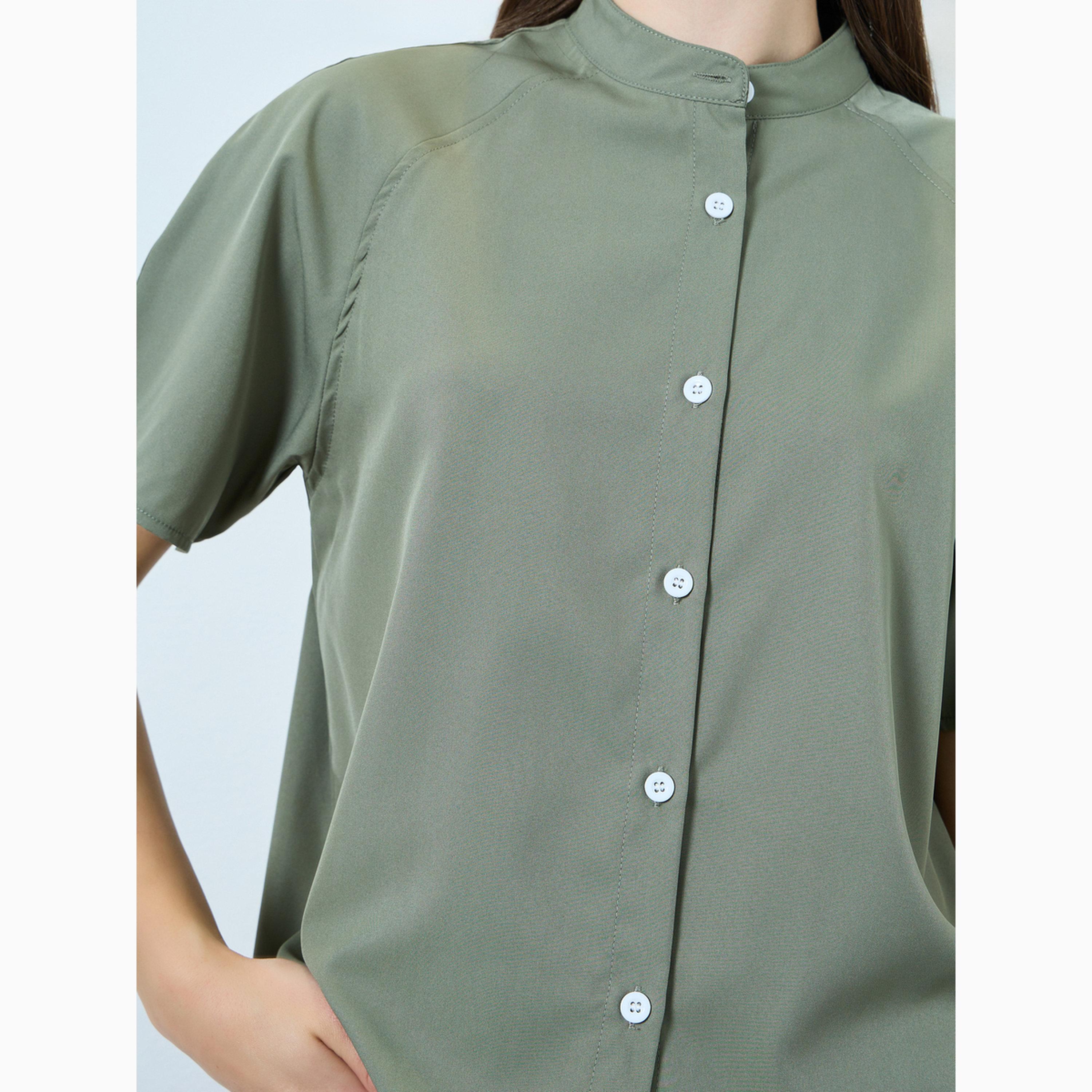 Styli Khaki Solid Raglan Sleeve Stand Collar Shirt-women-clothing-shirtsandblouses-shirts-image-4