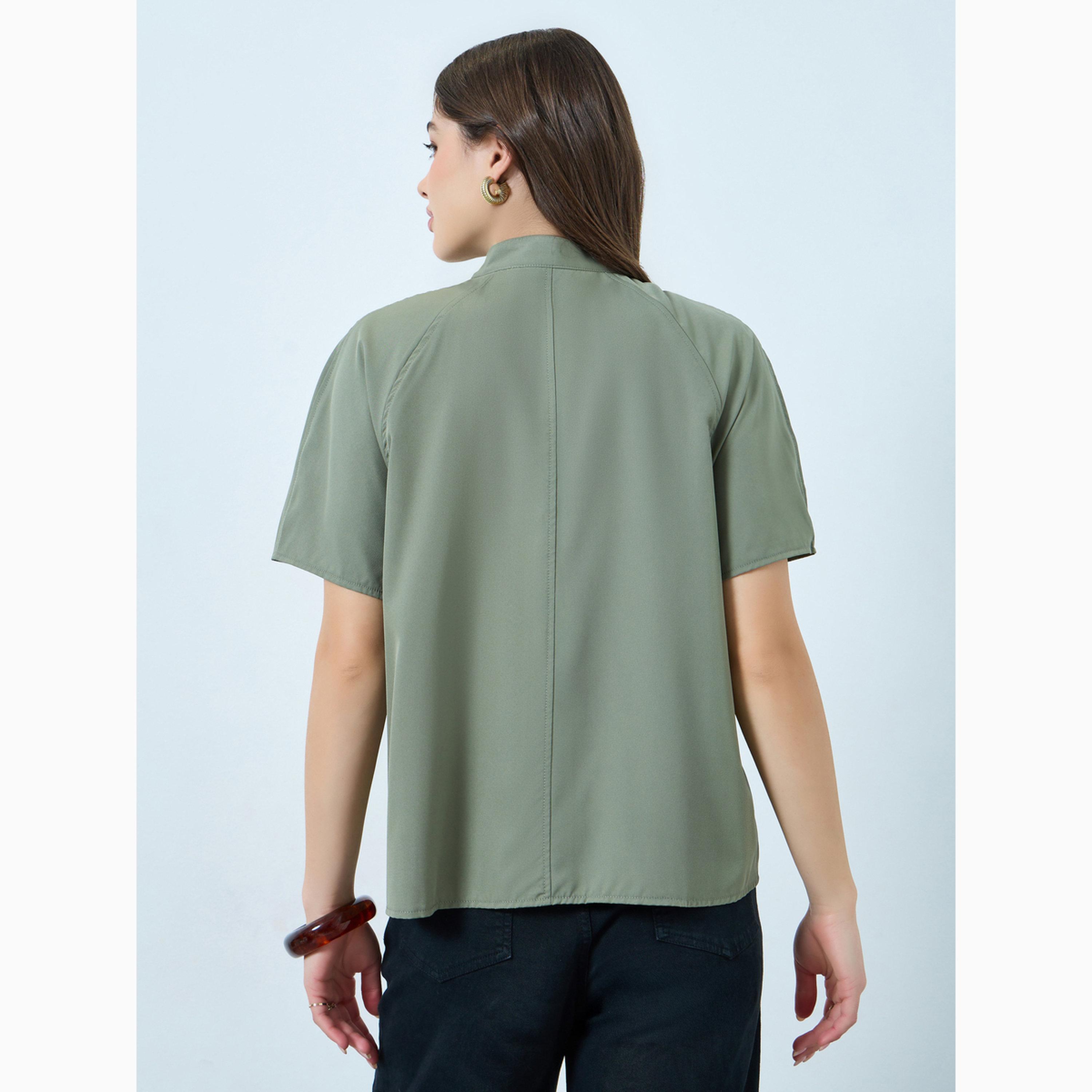 Styli Khaki Solid Raglan Sleeve Stand Collar Shirt-women-clothing-shirtsandblouses-shirts-image-5
