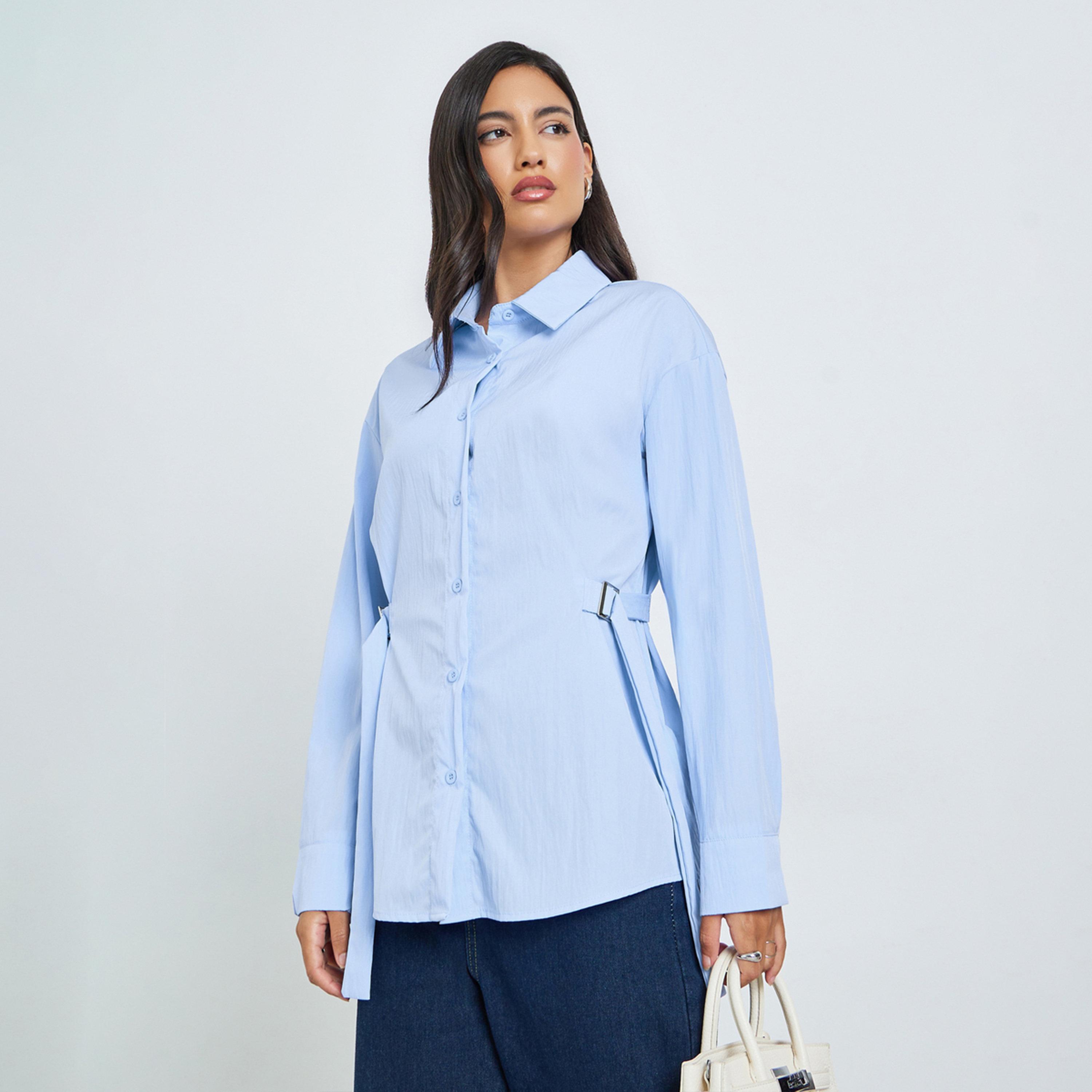 Styli Blue Solid Side Adjustable Belt Shirt-women-clothing-shirtsandblouses-shirts-image-1