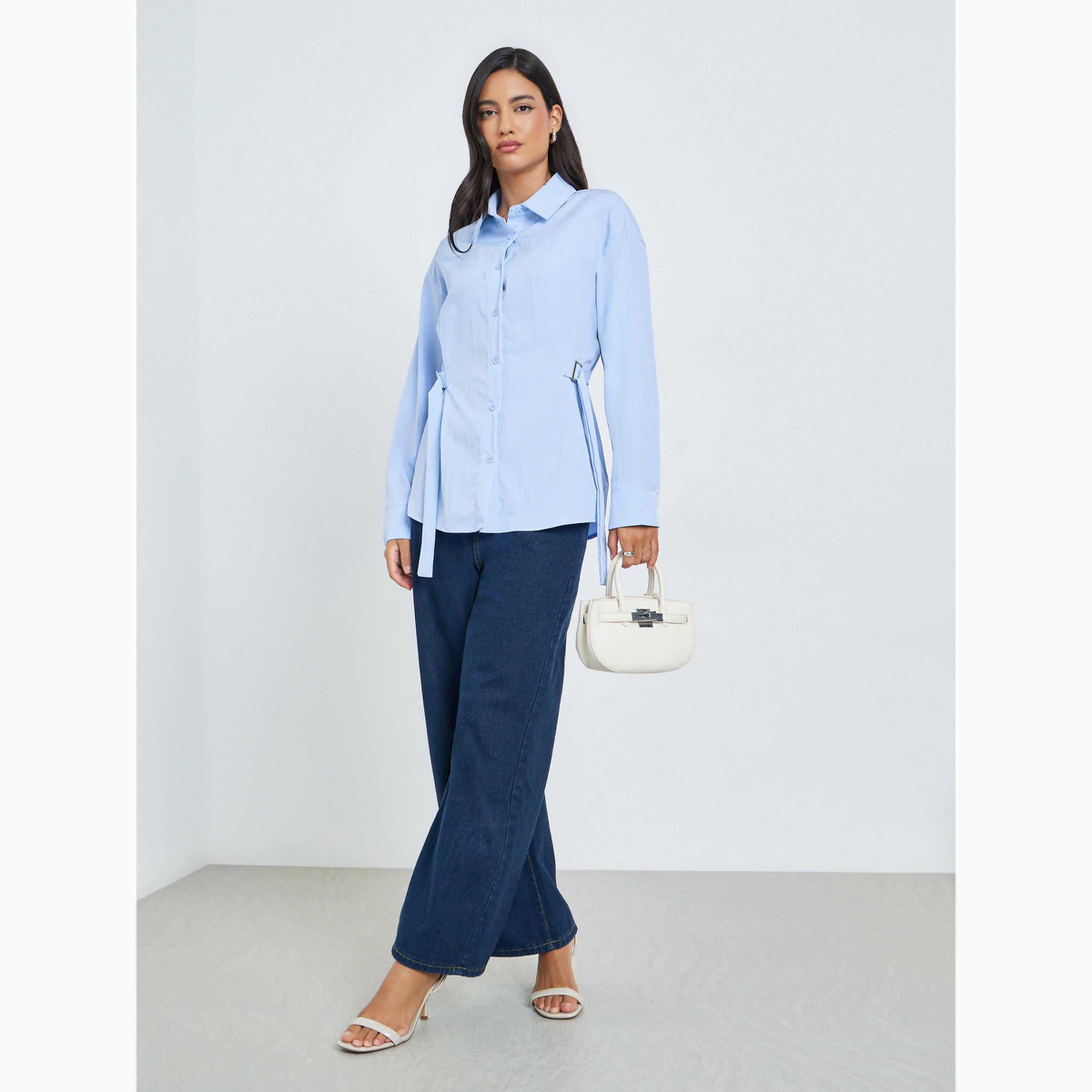 Styli Blue Solid Side Adjustable Belt Shirt-women-clothing-shirtsandblouses-shirts-image-2