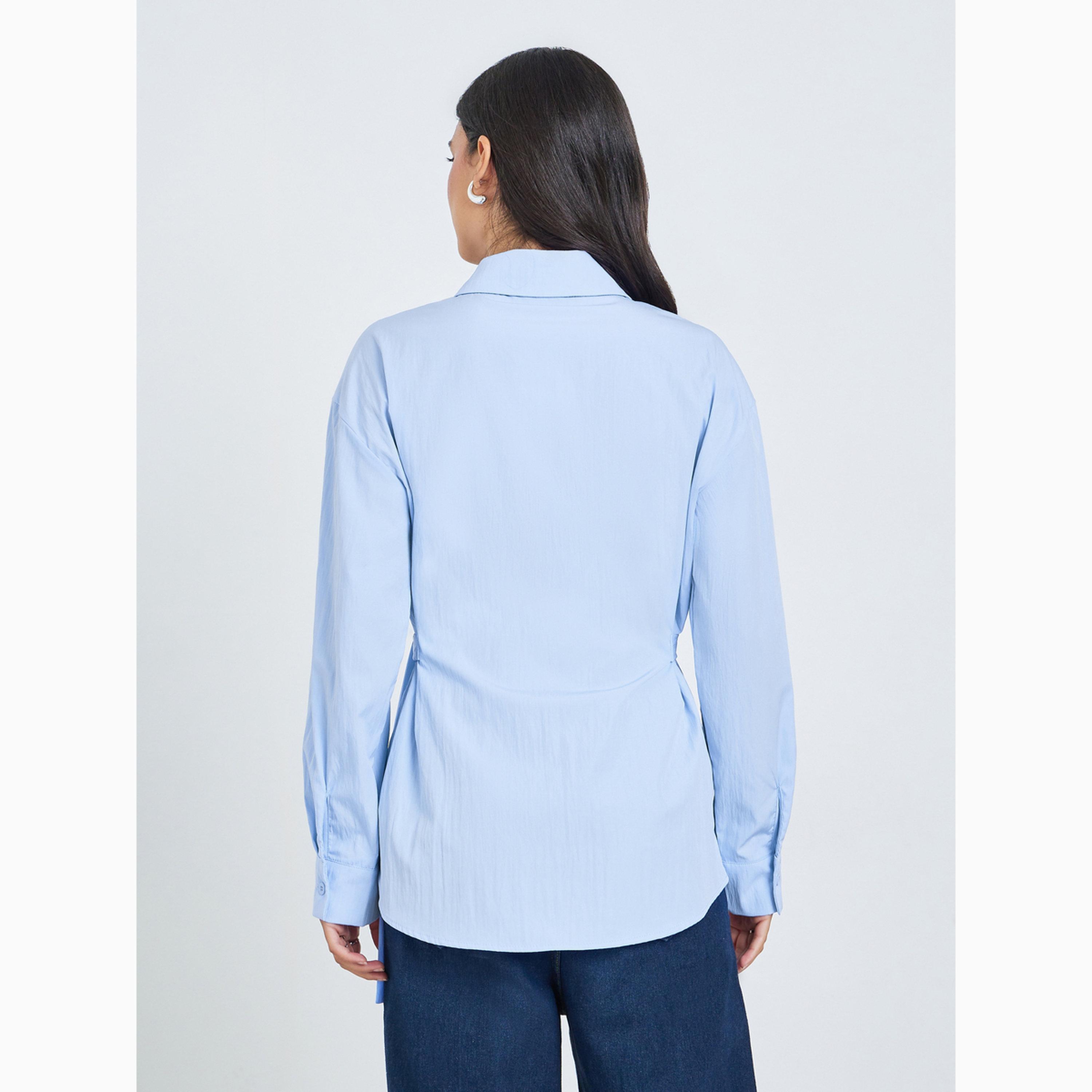 Styli Blue Solid Side Adjustable Belt Shirt-women-clothing-shirtsandblouses-shirts-image-4