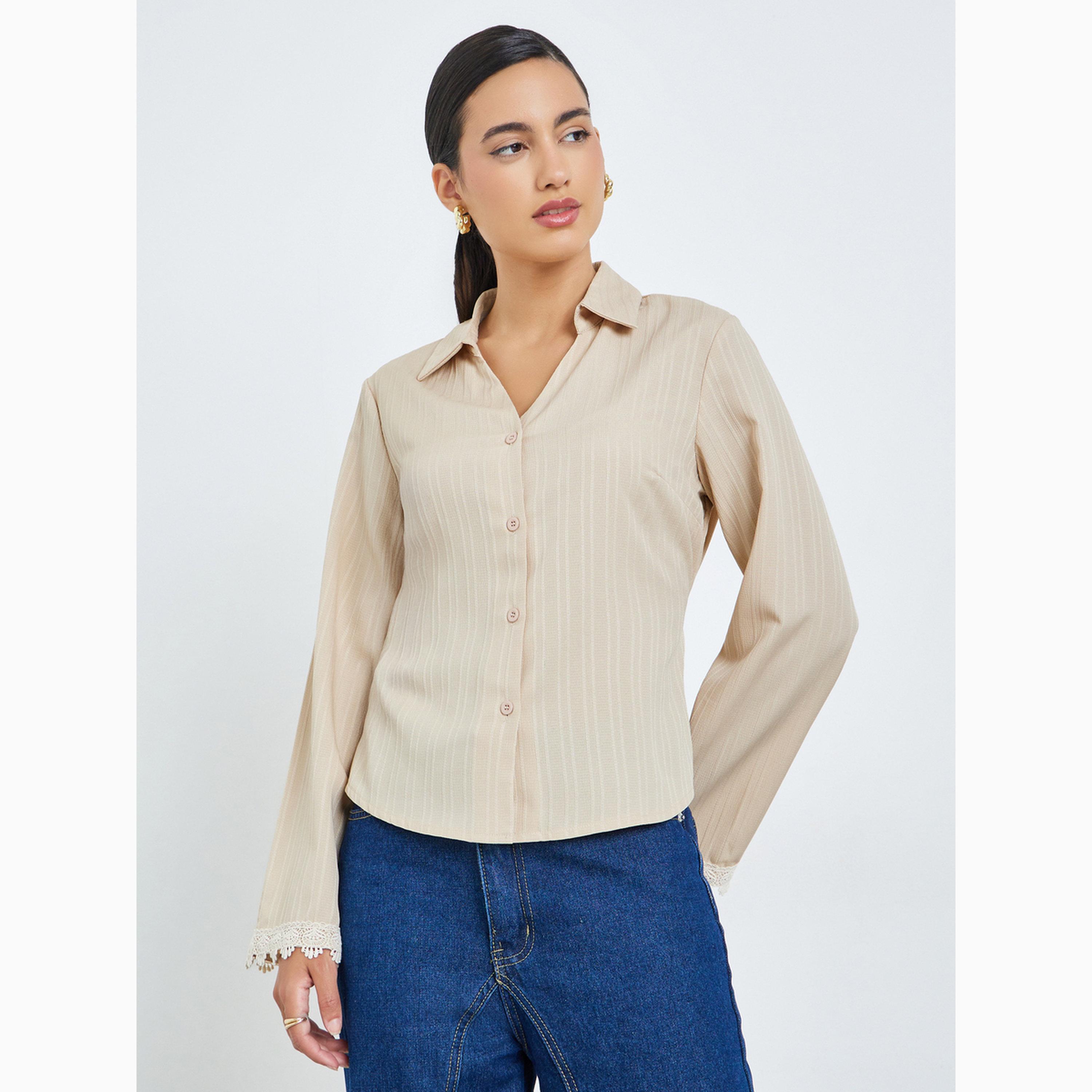 قميص بيج بأساور مزينة بالدانتيل وربطة خلفية-women-clothing-shirtsandblouses-shirts-image-1