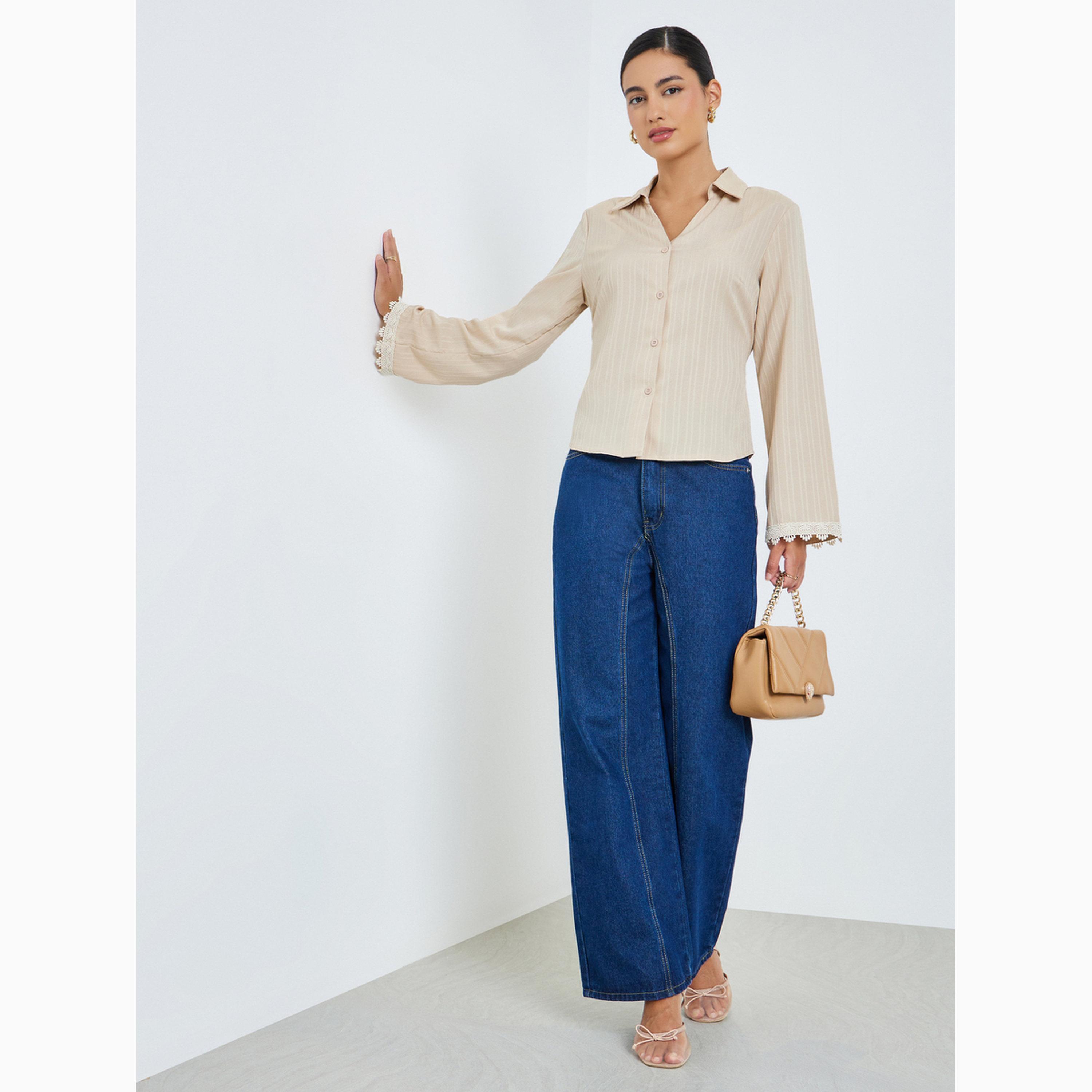 Styli Beige Lace Trim Cuff Shirt with Back Tie-women-clothing-shirtsandblouses-shirts-image-2