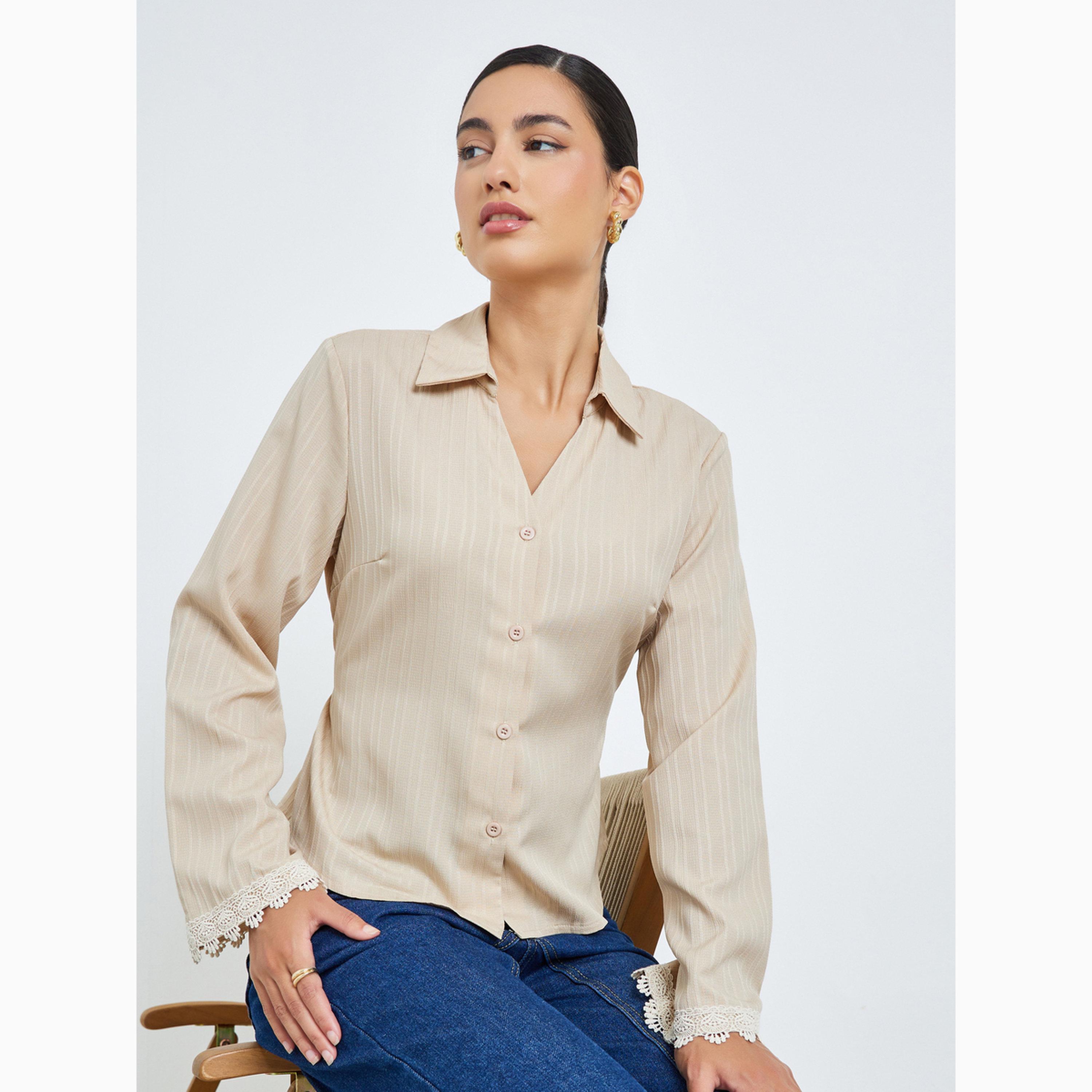 Styli Beige Lace Trim Cuff Shirt with Back Tie-women-clothing-shirtsandblouses-shirts-image-3