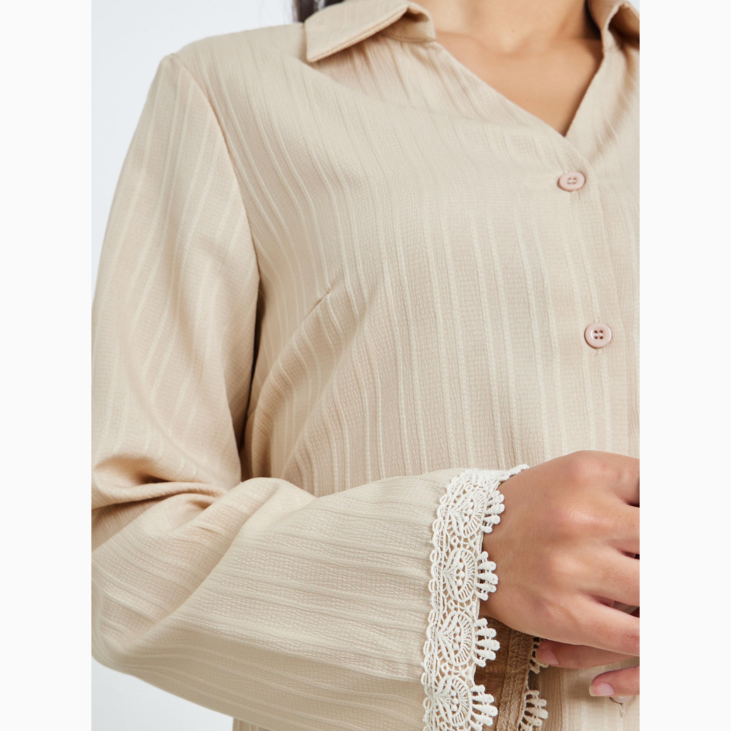 Styli Beige Lace Trim Cuff Shirt with Back Tie-women-clothing-shirtsandblouses-shirts-image-4