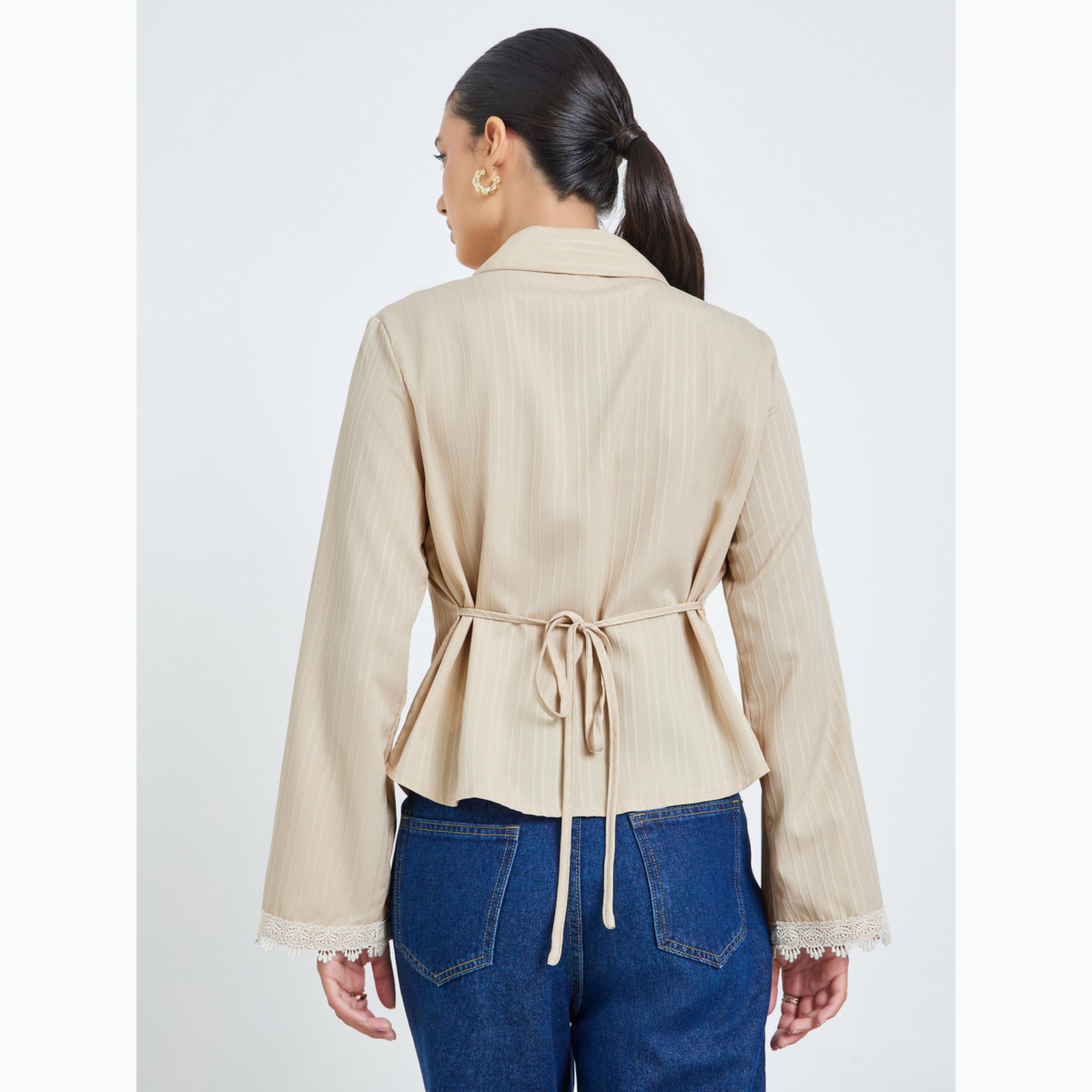 Styli Beige Lace Trim Cuff Shirt with Back Tie-women-clothing-shirtsandblouses-shirts-image-5
