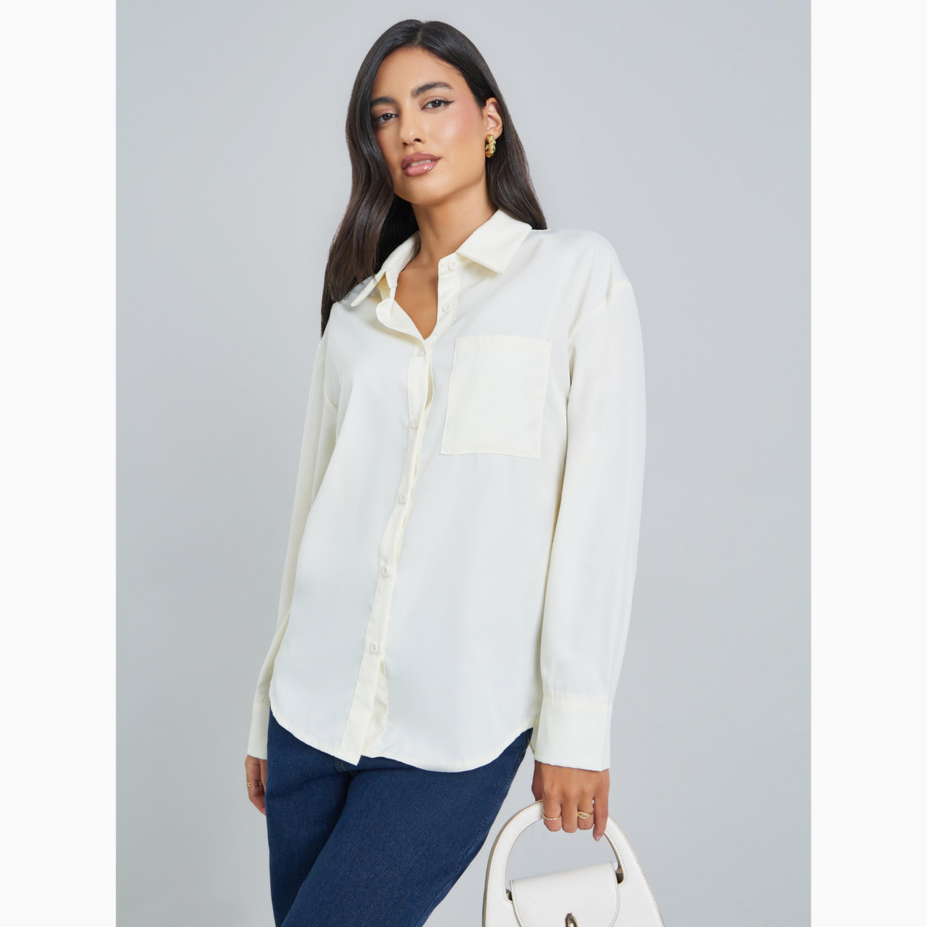 Styli Off White Solid Asymmetric Split Back Oversized Shirt-women-clothing-shirtsandblouses-shirts-image-1
