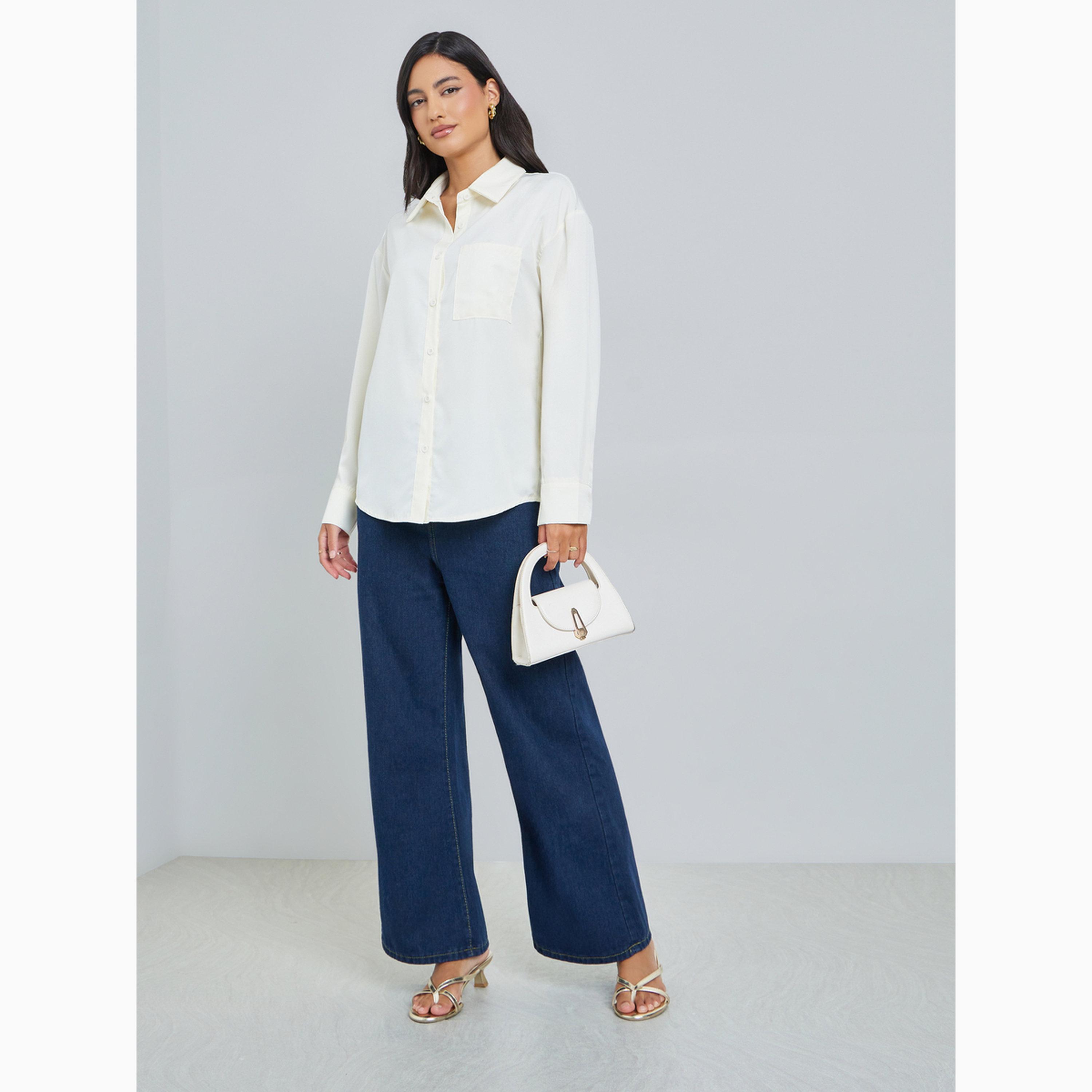 Styli Off White Solid Asymmetric Split Back Oversized Shirt-women-clothing-shirtsandblouses-shirts-image-2