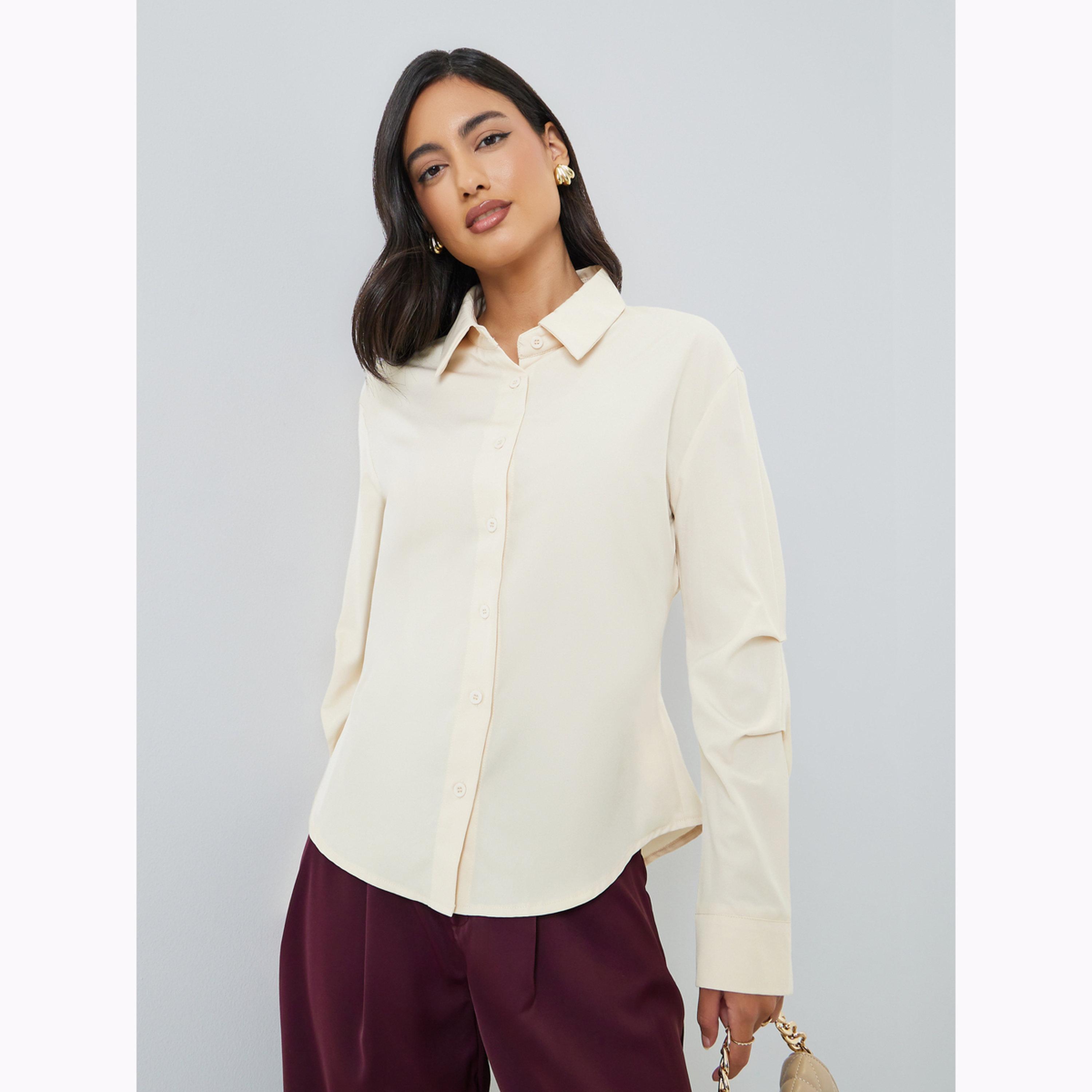 Styli Beige Solid Long Sleeves Oversized Shirt-women-clothing-shirtsandblouses-shirts-image-1