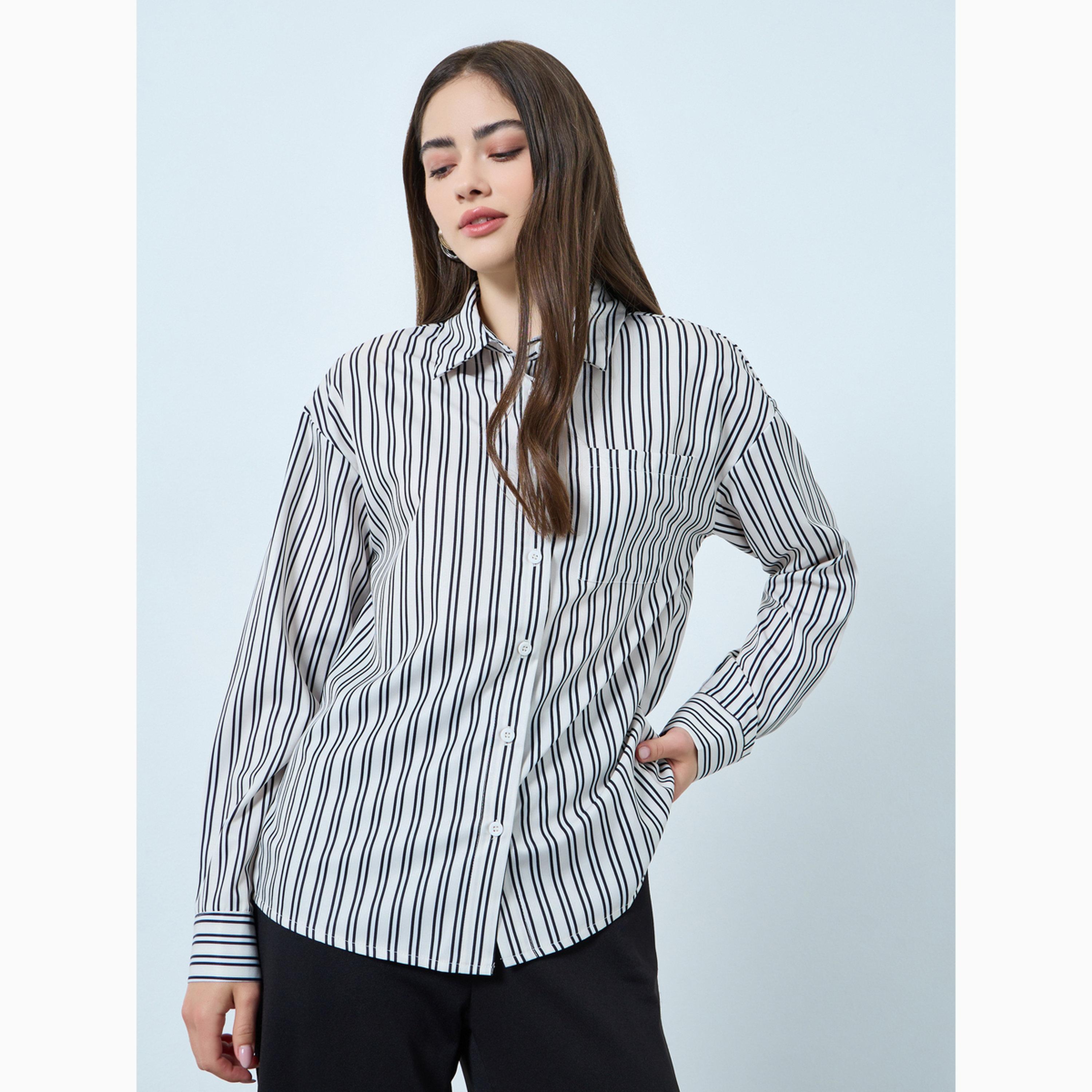 Styli Beige Striped Dropped Shoulder Oversized Shirt-women-clothing-shirtsandblouses-shirts-image-1
