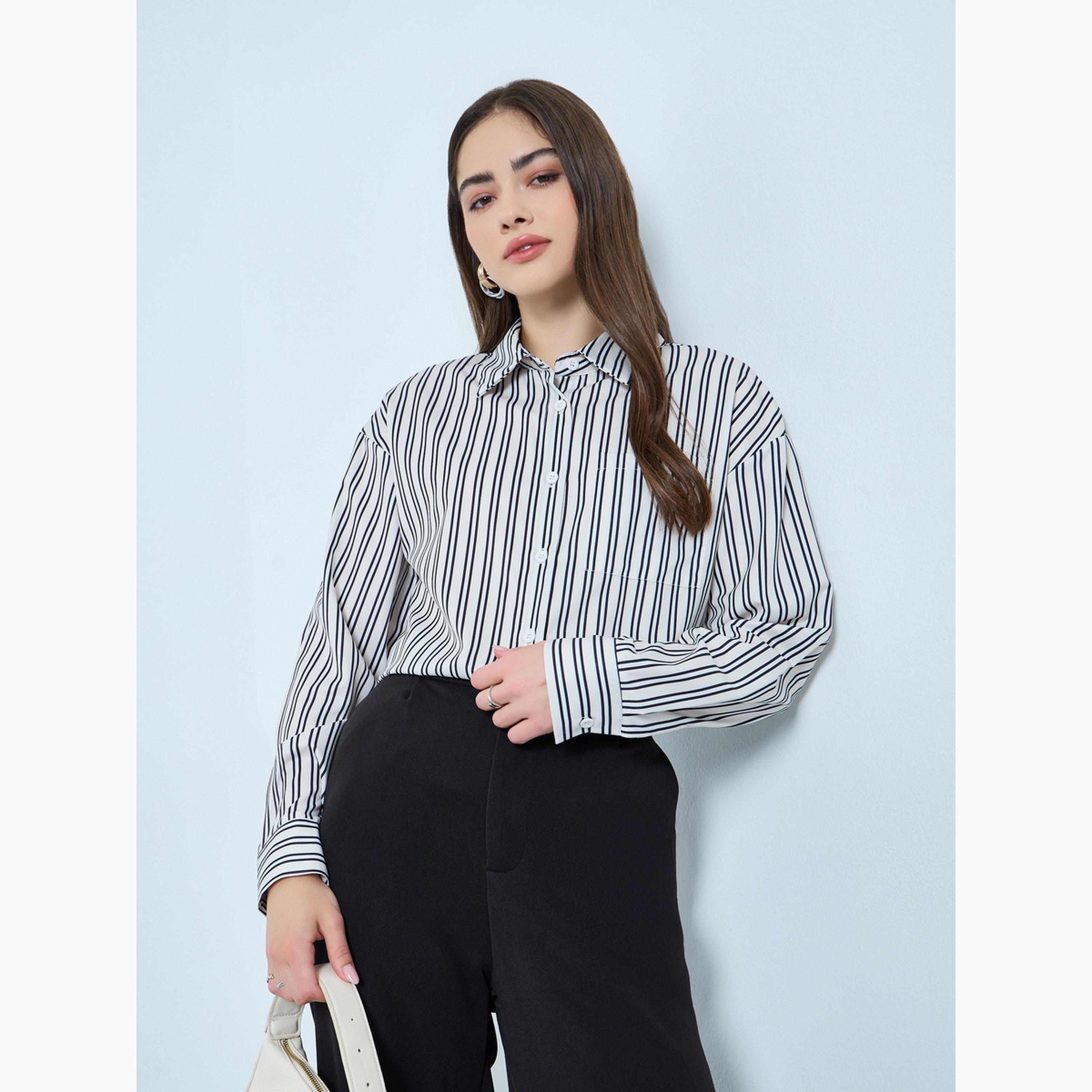 Styli Beige Striped Dropped Shoulder Oversized Shirt-women-clothing-shirtsandblouses-shirts-image-3