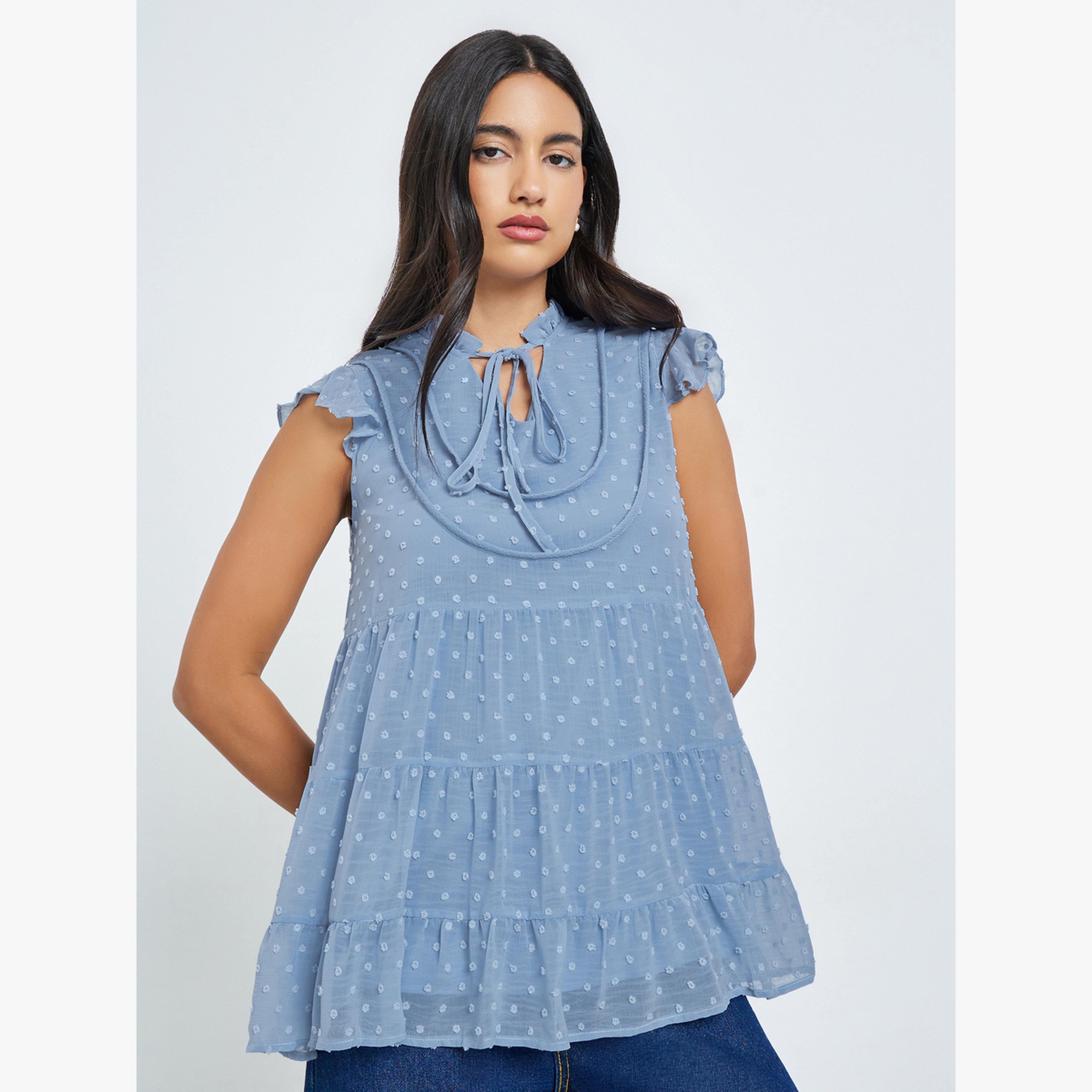 Styli Blue Tiered Swiss Dot Sleeveless Blouse-women-clothing-shirtsandblouses-blouses-image-1