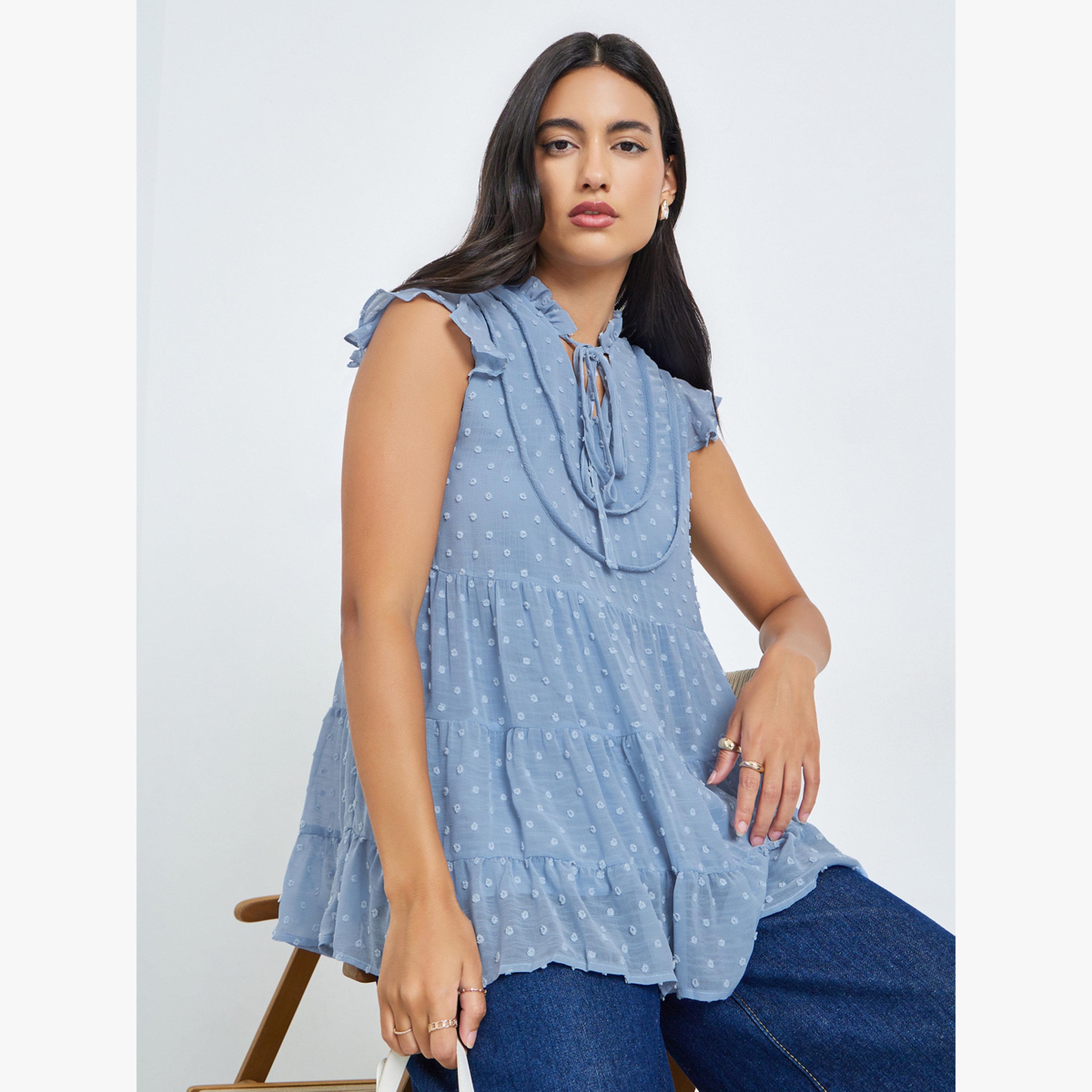 Styli Blue Tiered Swiss Dot Sleeveless Blouse-women-clothing-shirtsandblouses-blouses-image-3