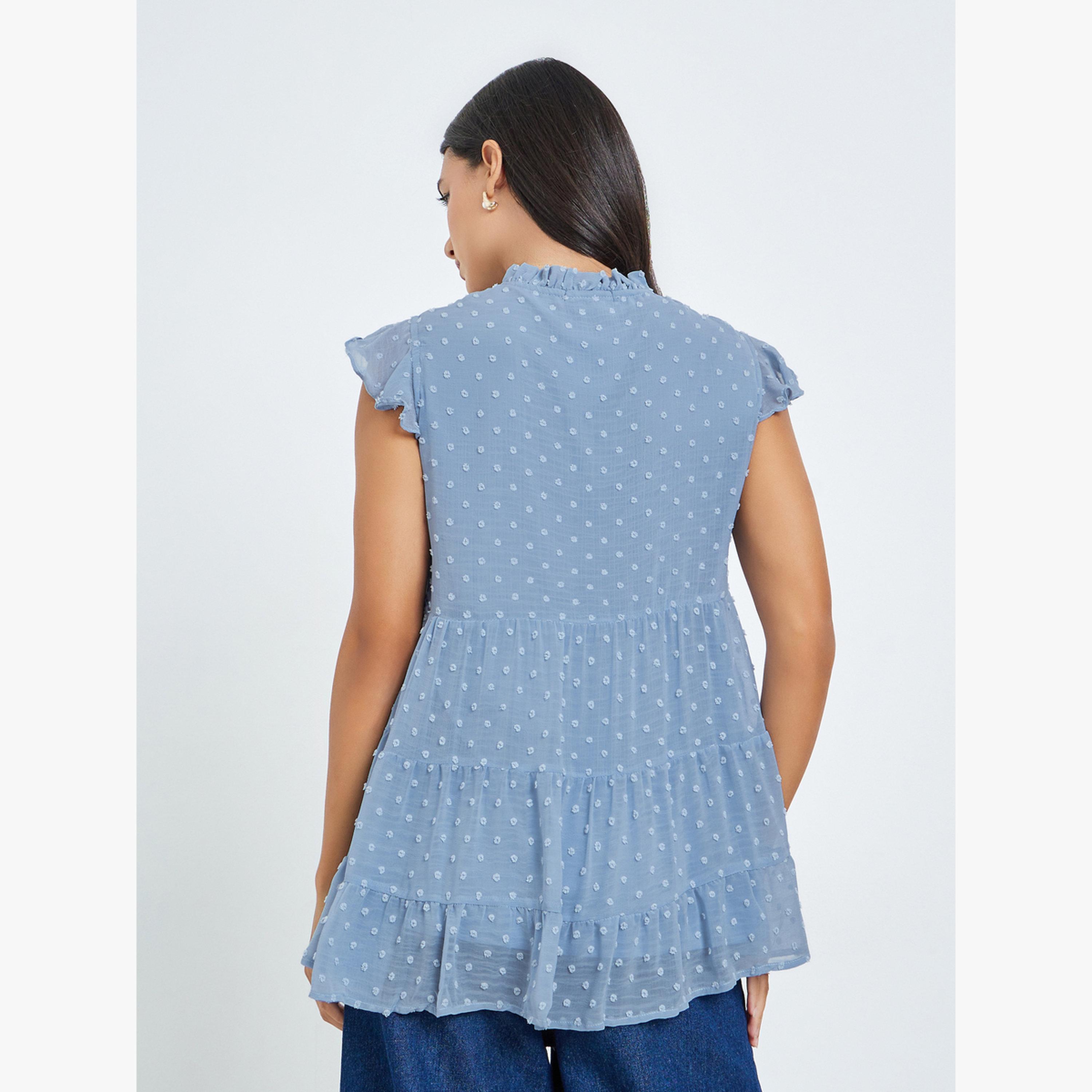 Styli Blue Tiered Swiss Dot Sleeveless Blouse-women-clothing-shirtsandblouses-blouses-image-4
