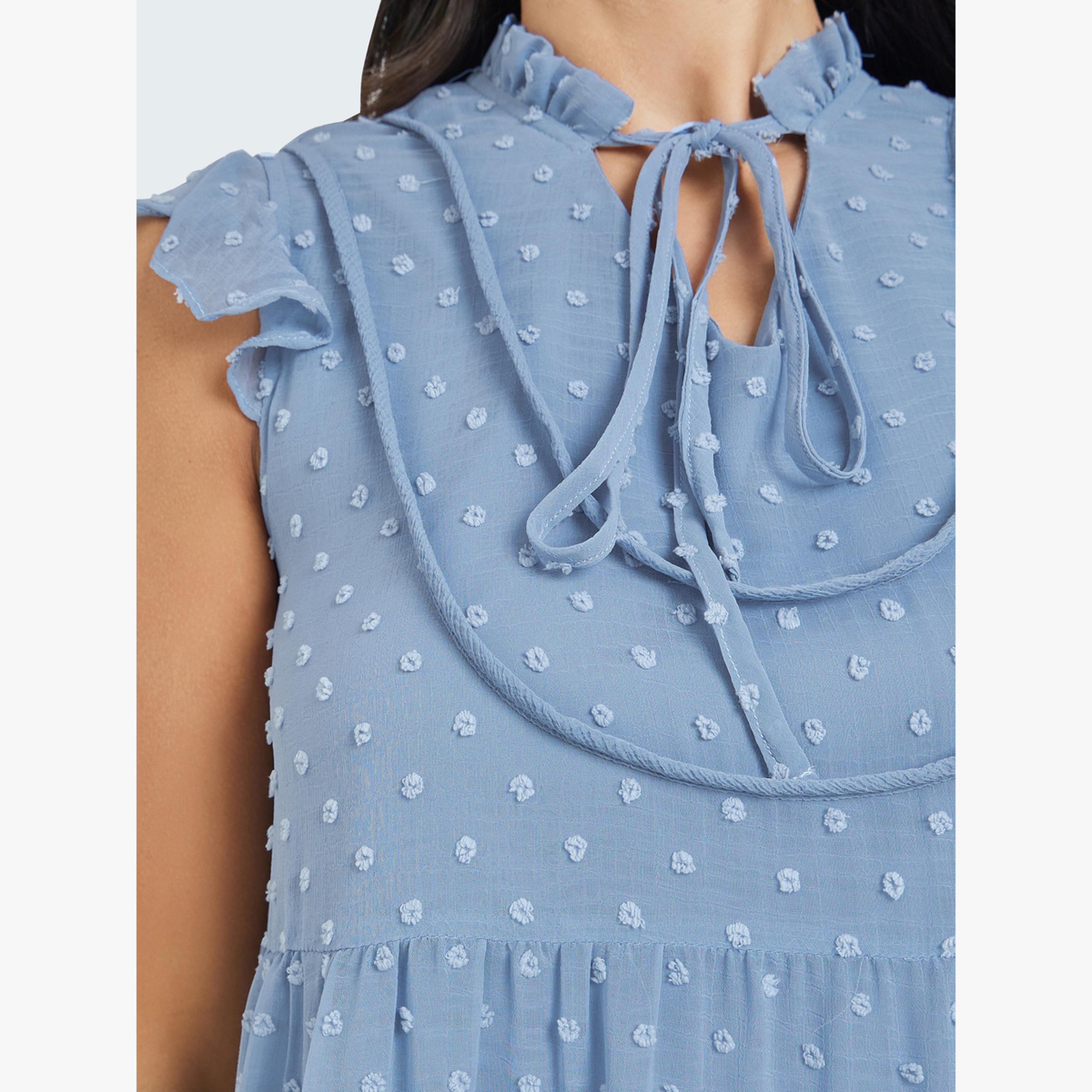 Styli Blue Tiered Swiss Dot Sleeveless Blouse-women-clothing-shirtsandblouses-blouses-image-5