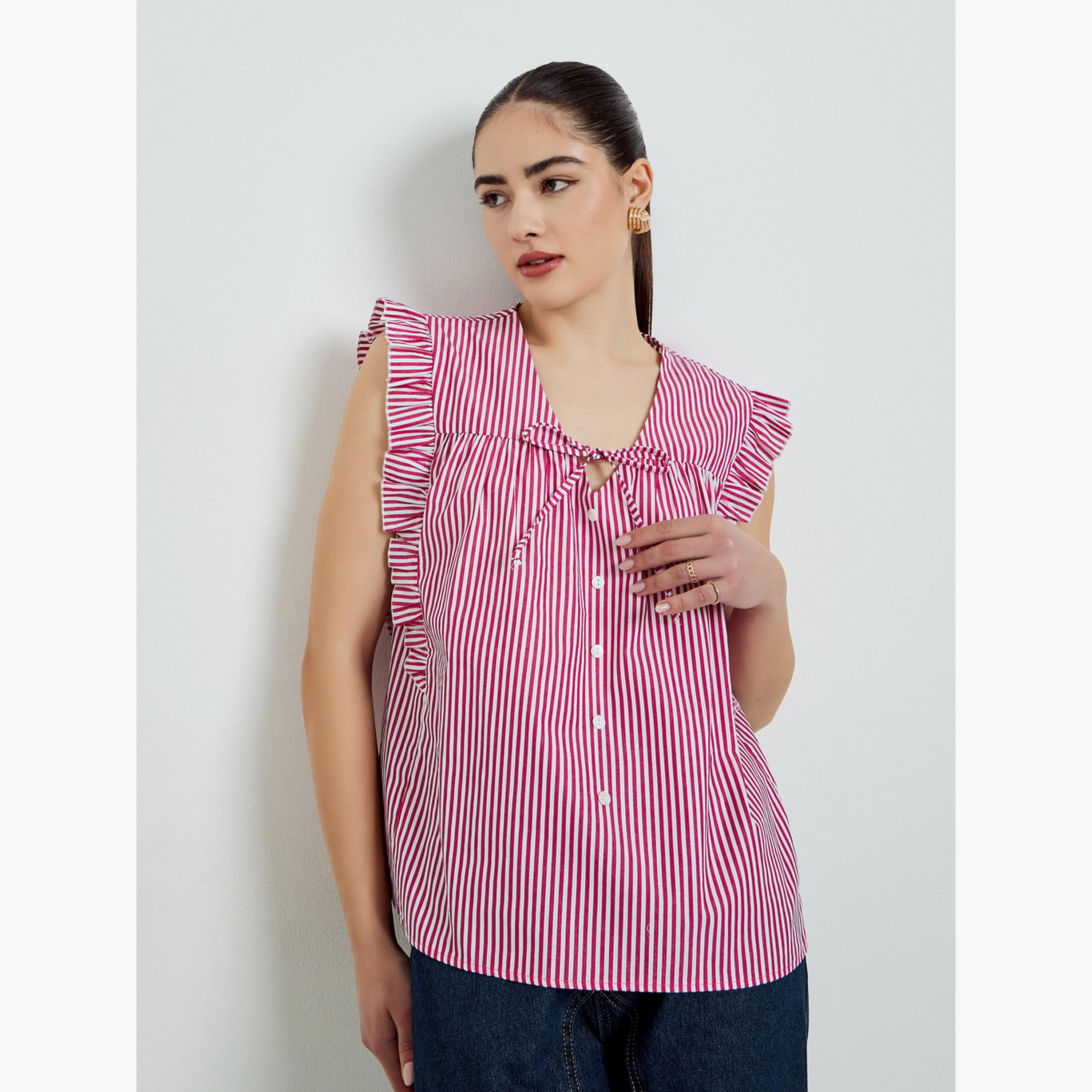 بلوزة بلا أكمام مخططة مع تفاصيل ربط-women-clothing-shirtsandblouses-blouses-image-1