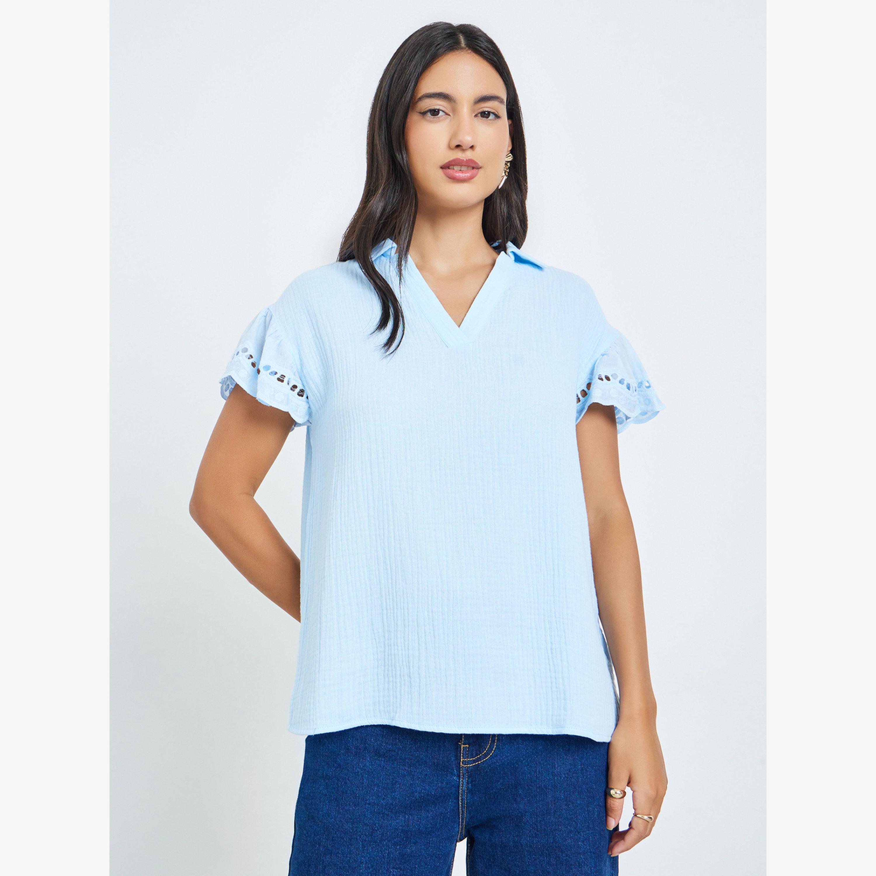 Styli Blue Ruffle Sleeve Burnout Blouse-women-clothing-shirtsandblouses-blouses-image-1