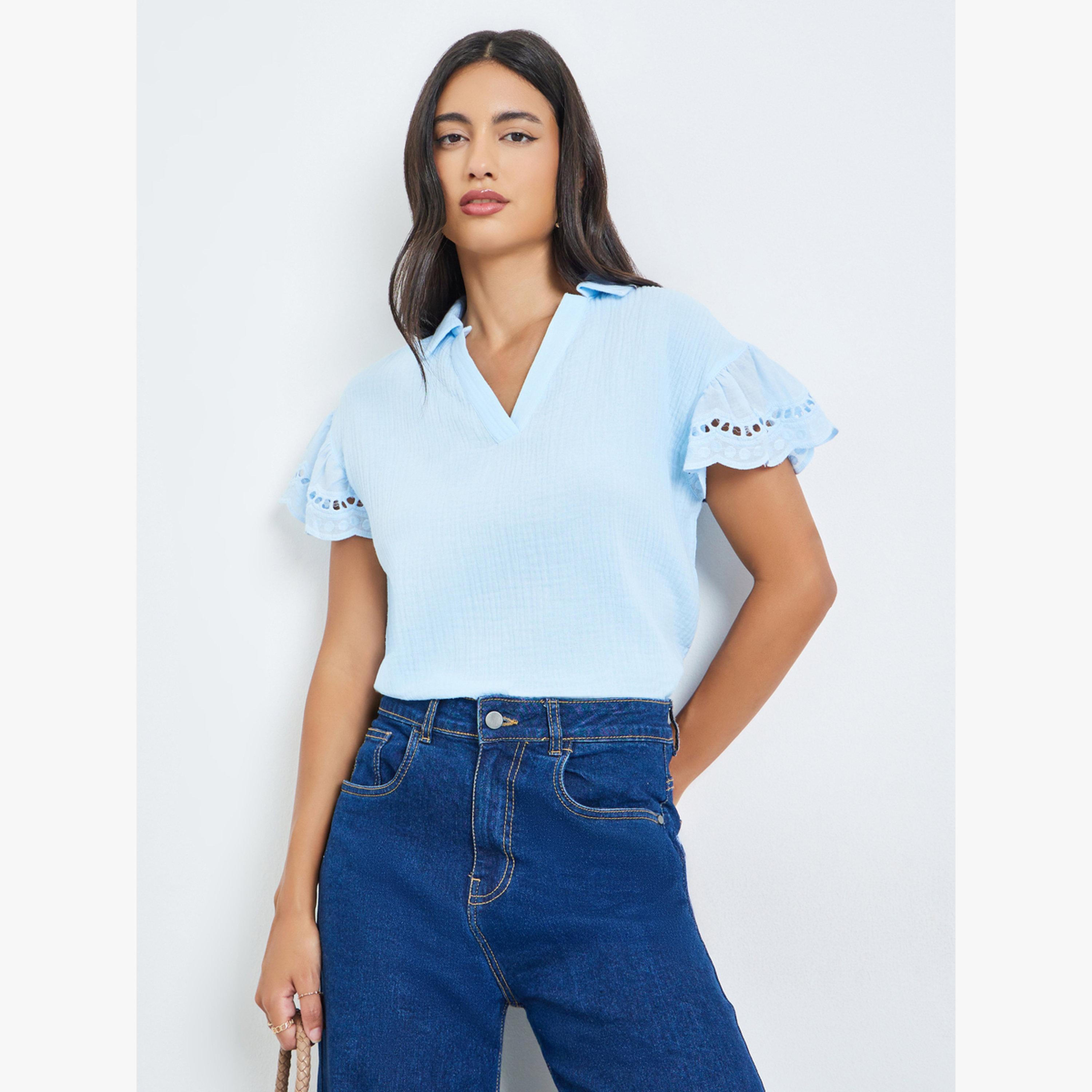 Styli Blue Ruffle Sleeve Burnout Blouse-women-clothing-shirtsandblouses-blouses-image-3