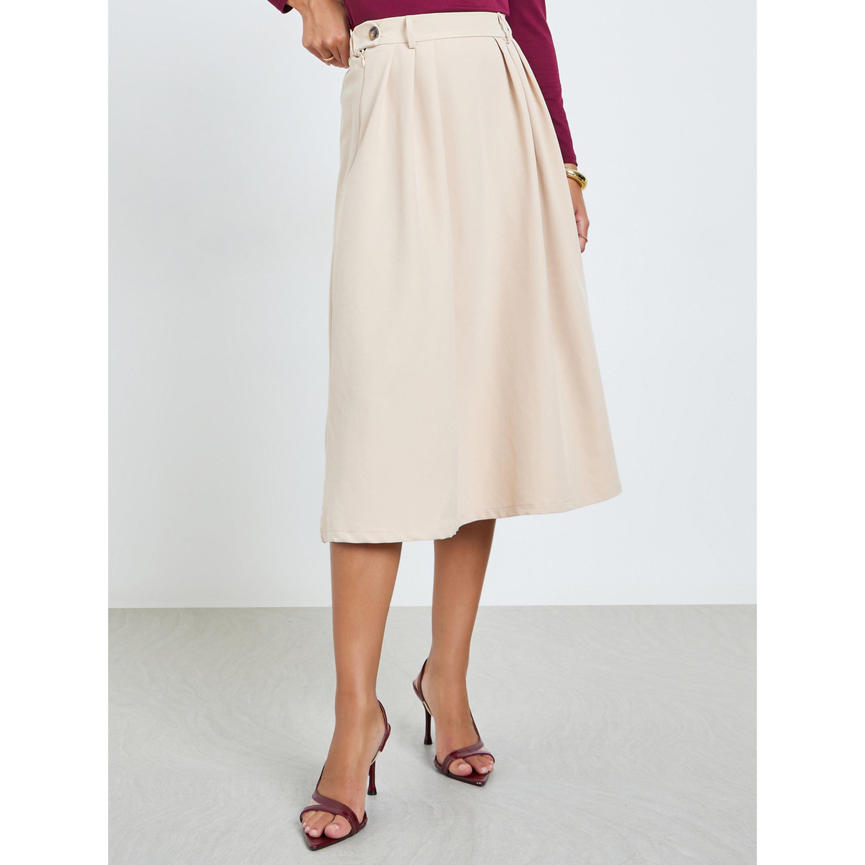 ستايلي - تنورة ميدي بقصة حرف A مع حزام خصر مطاطي سادة-women-clothing-bottoms-skirts-image-1