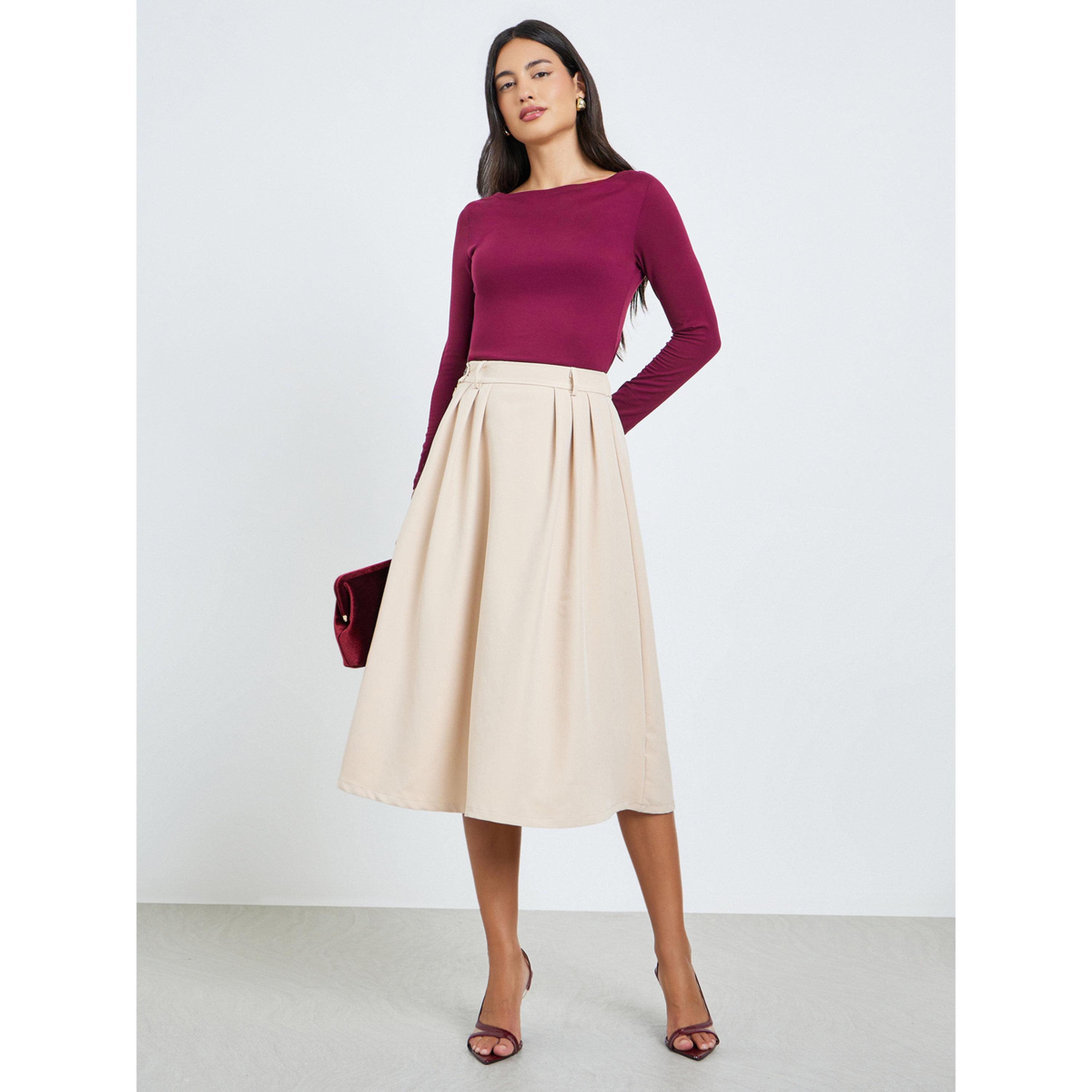 ستايلي - تنورة ميدي بقصة حرف A مع حزام خصر مطاطي سادة-women-clothing-bottoms-skirts-image-2