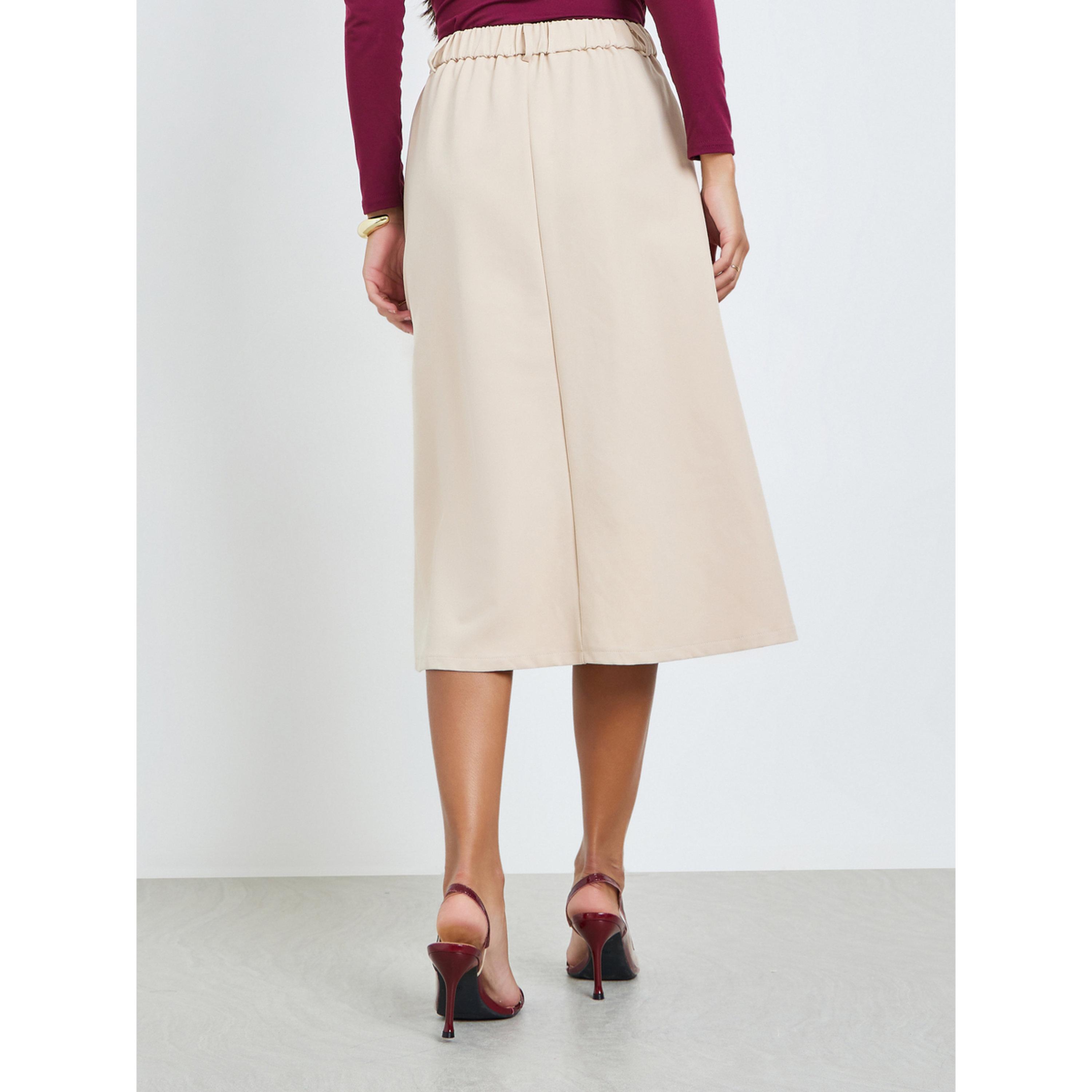 ستايلي - تنورة ميدي بقصة حرف A مع حزام خصر مطاطي سادة-women-clothing-bottoms-skirts-image-4