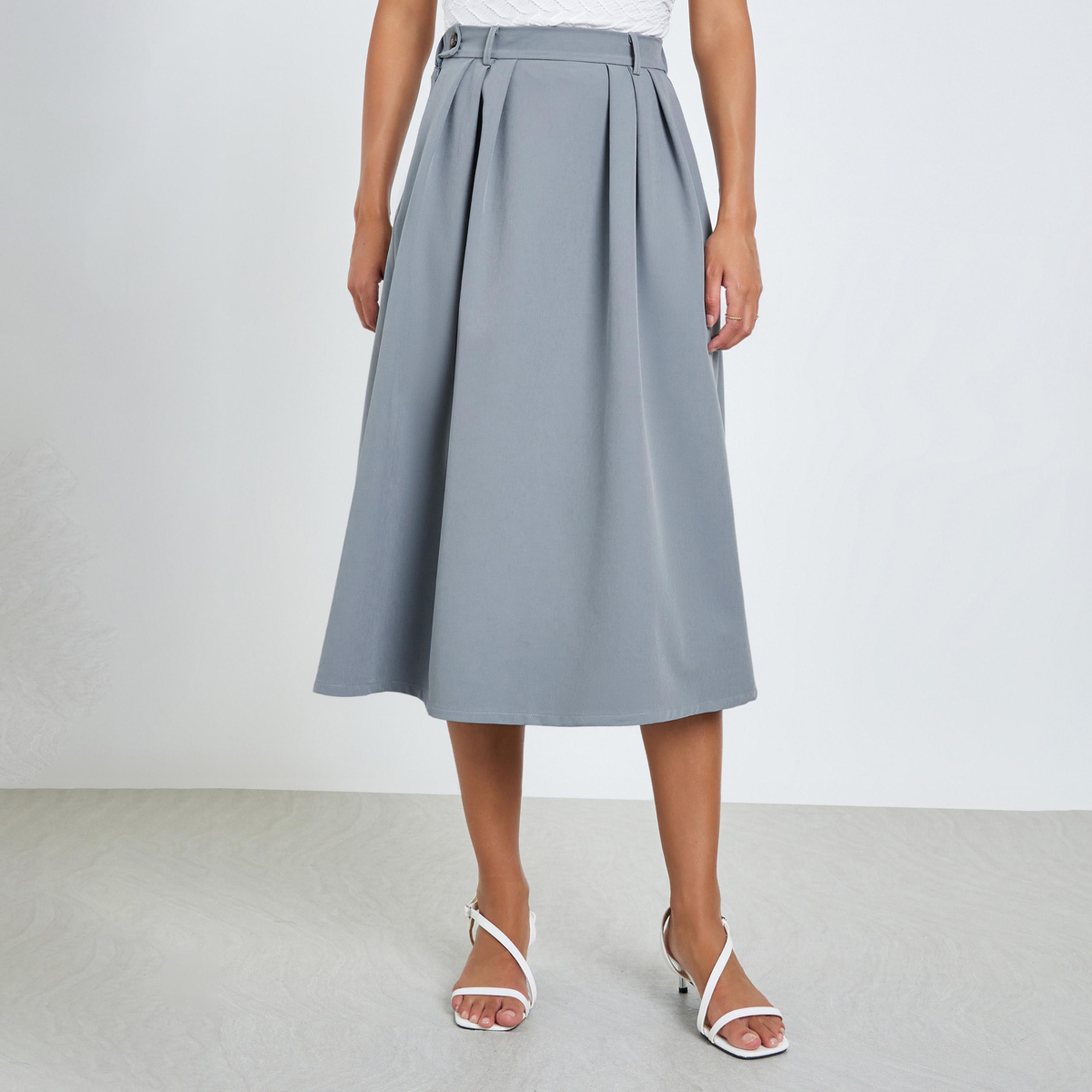 ستايلي - تنورة ميدي بقصة حرف A مع حزام خصر مطاطي سادة-women-clothing-bottoms-skirts-image-1