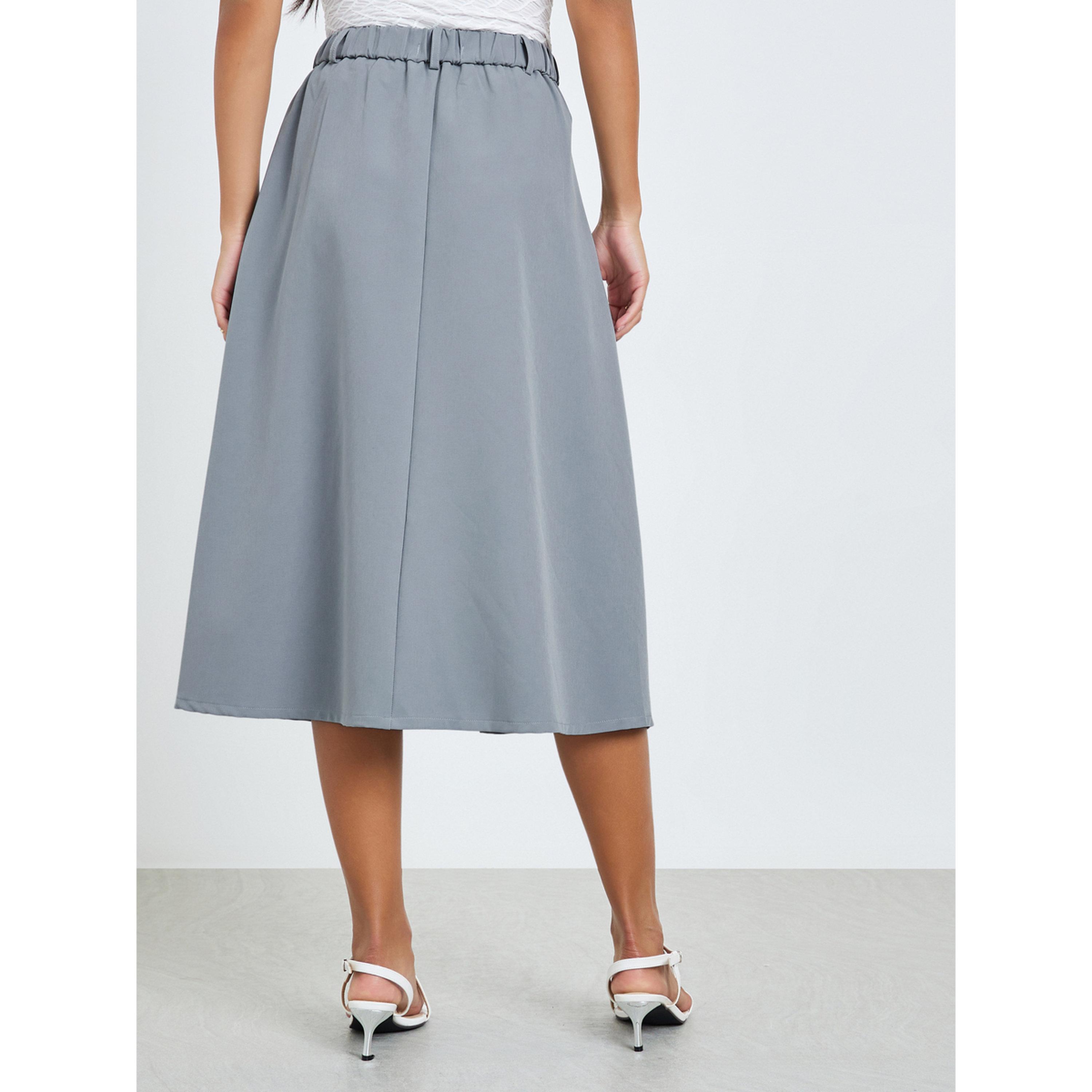 ستايلي - تنورة ميدي بقصة حرف A مع حزام خصر مطاطي سادة-women-clothing-bottoms-skirts-image-4