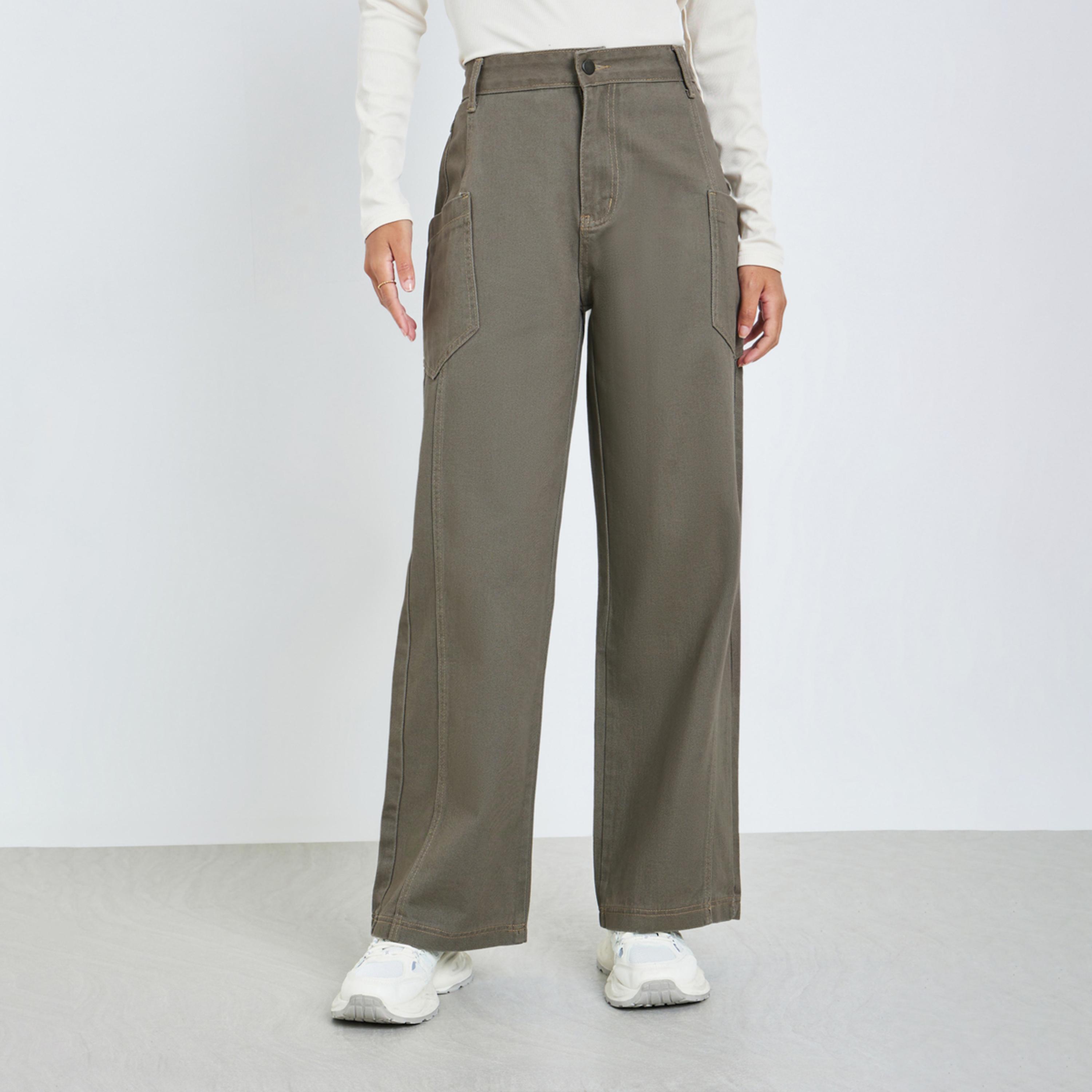 ستايلي - بنطلون جينز كارجو واسع الساقين لون الكاكي-women-clothing-bottoms-jeans-image-1