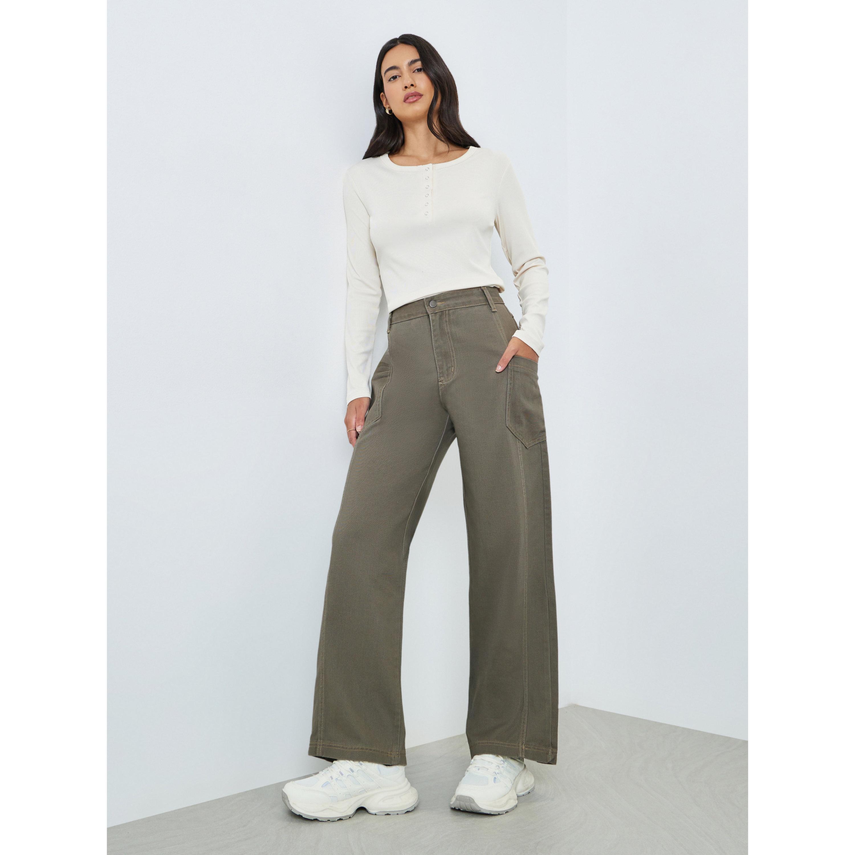 ستايلي - بنطلون جينز كارجو واسع الساقين لون الكاكي-women-clothing-bottoms-jeans-image-2