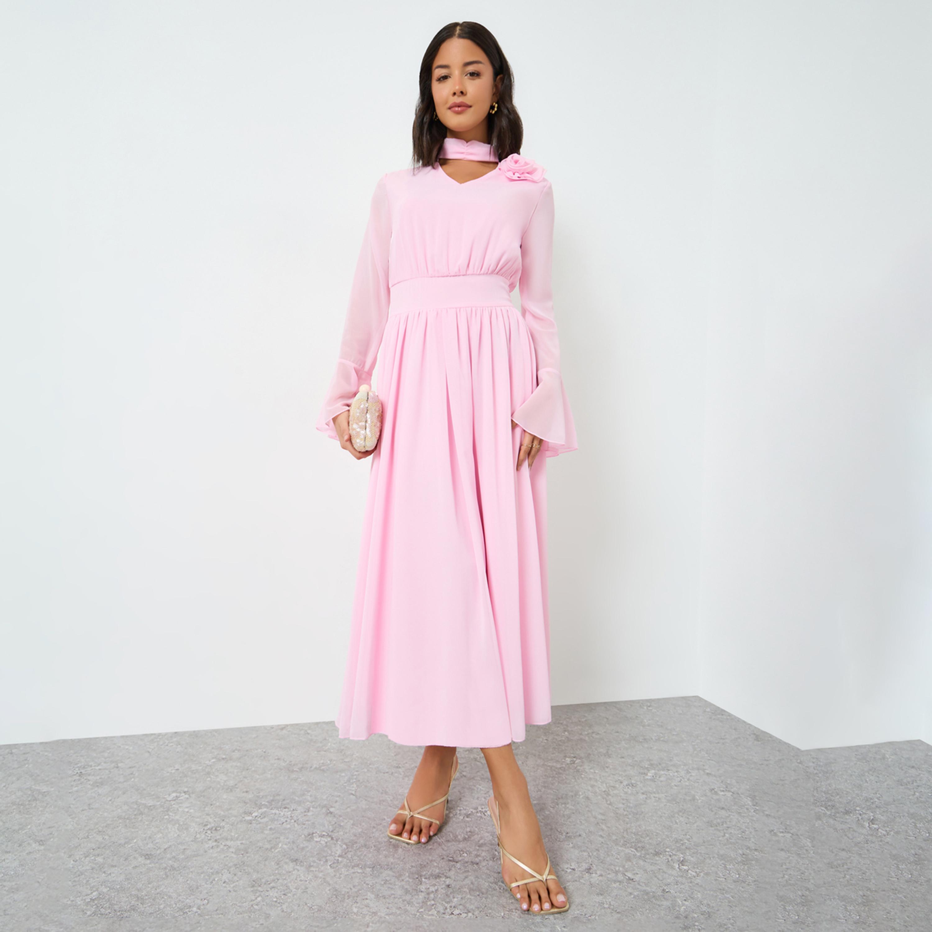 Styli Pink Corsage Detail Midi Dress with Bell Sleeves-women-clothing-dresses-image-1