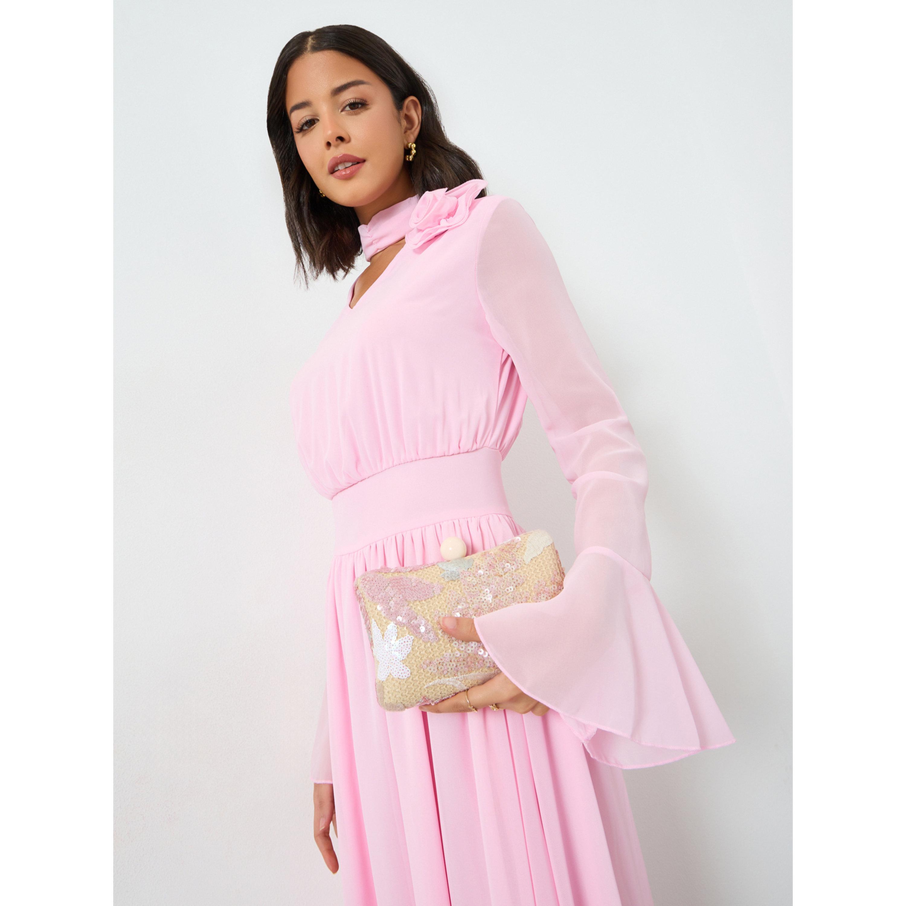 Styli Pink Corsage Detail Midi Dress with Bell Sleeves-women-clothing-dresses-image-2