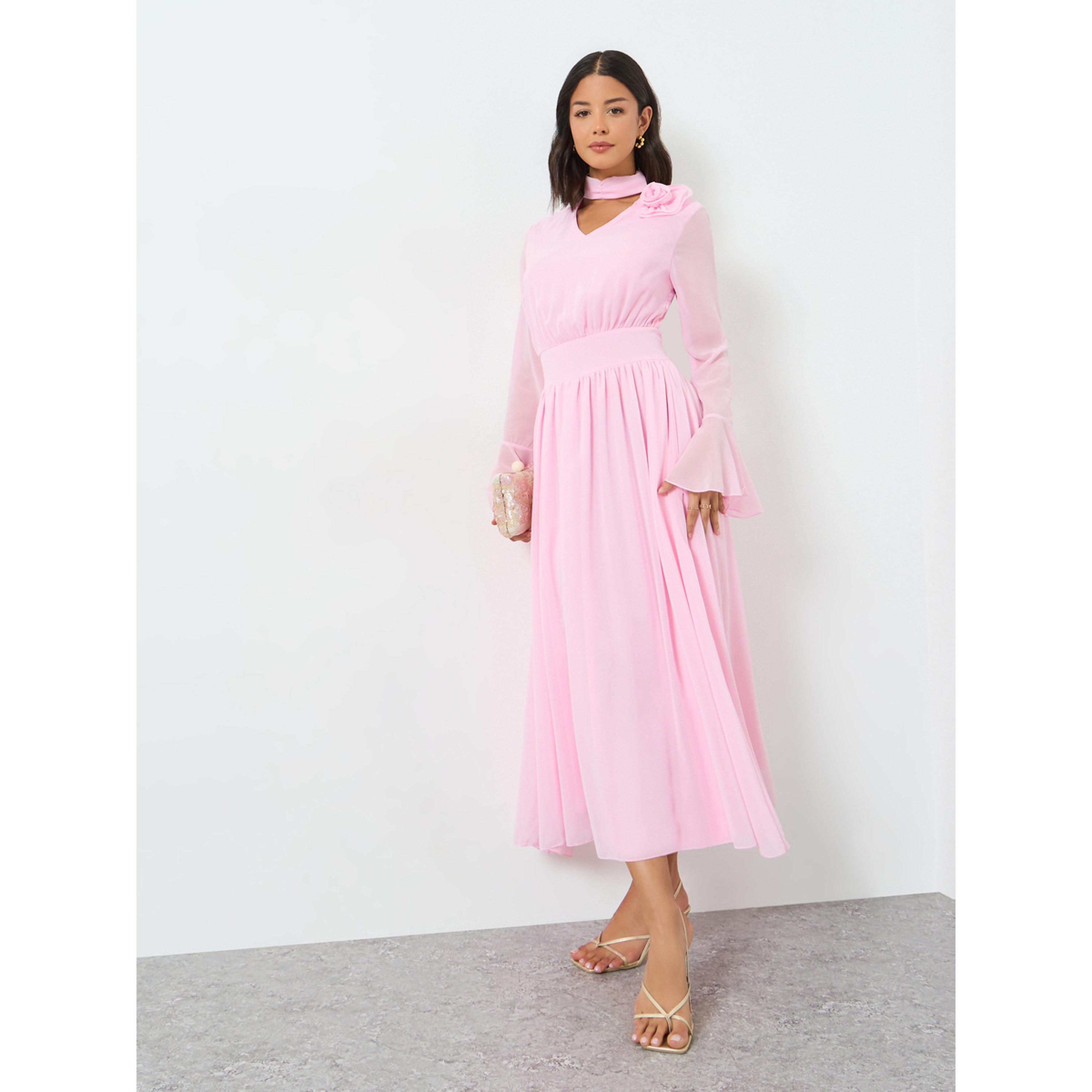 Styli Pink Corsage Detail Midi Dress with Bell Sleeves-women-clothing-dresses-image-3