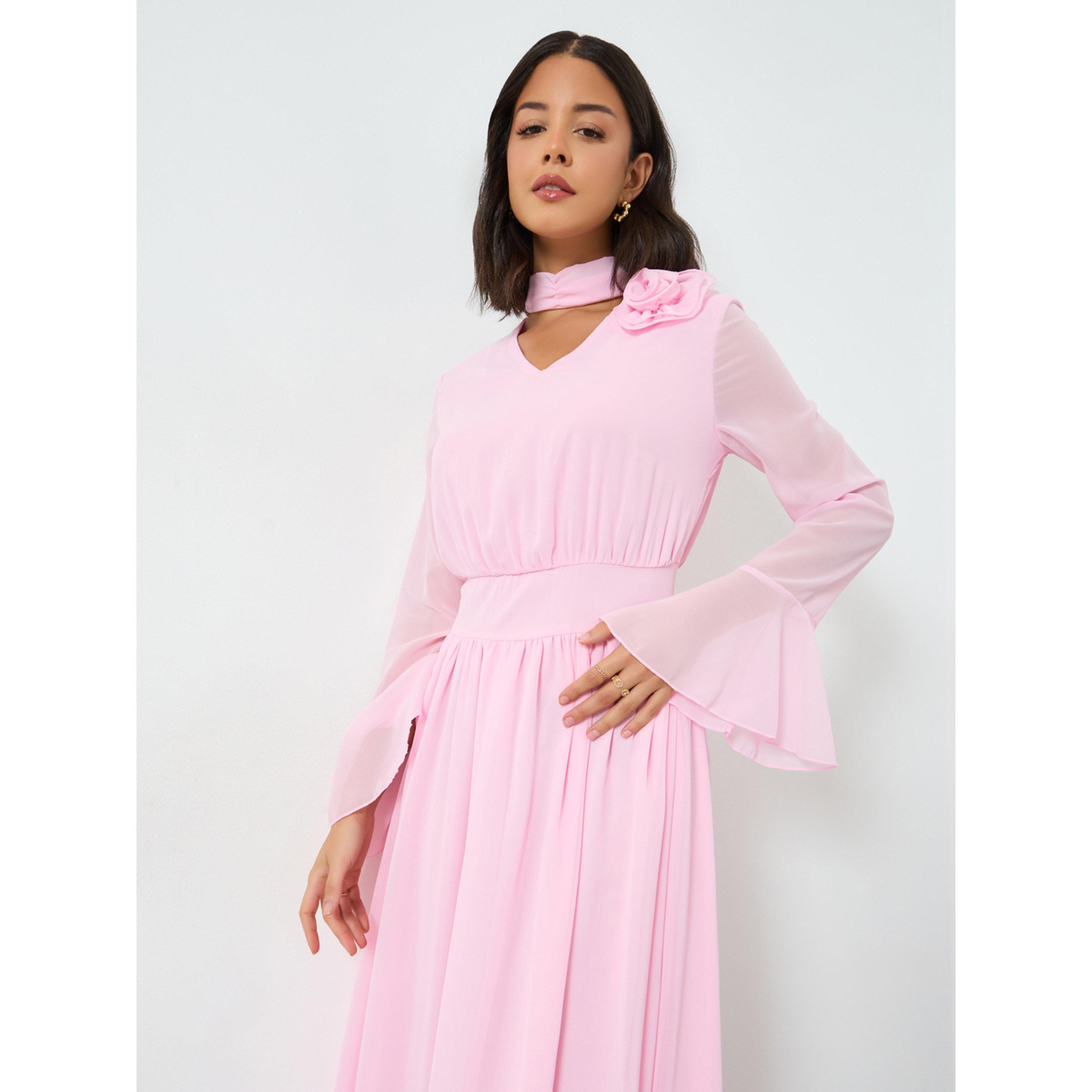 Styli Pink Corsage Detail Midi Dress with Bell Sleeves-women-clothing-dresses-image-4