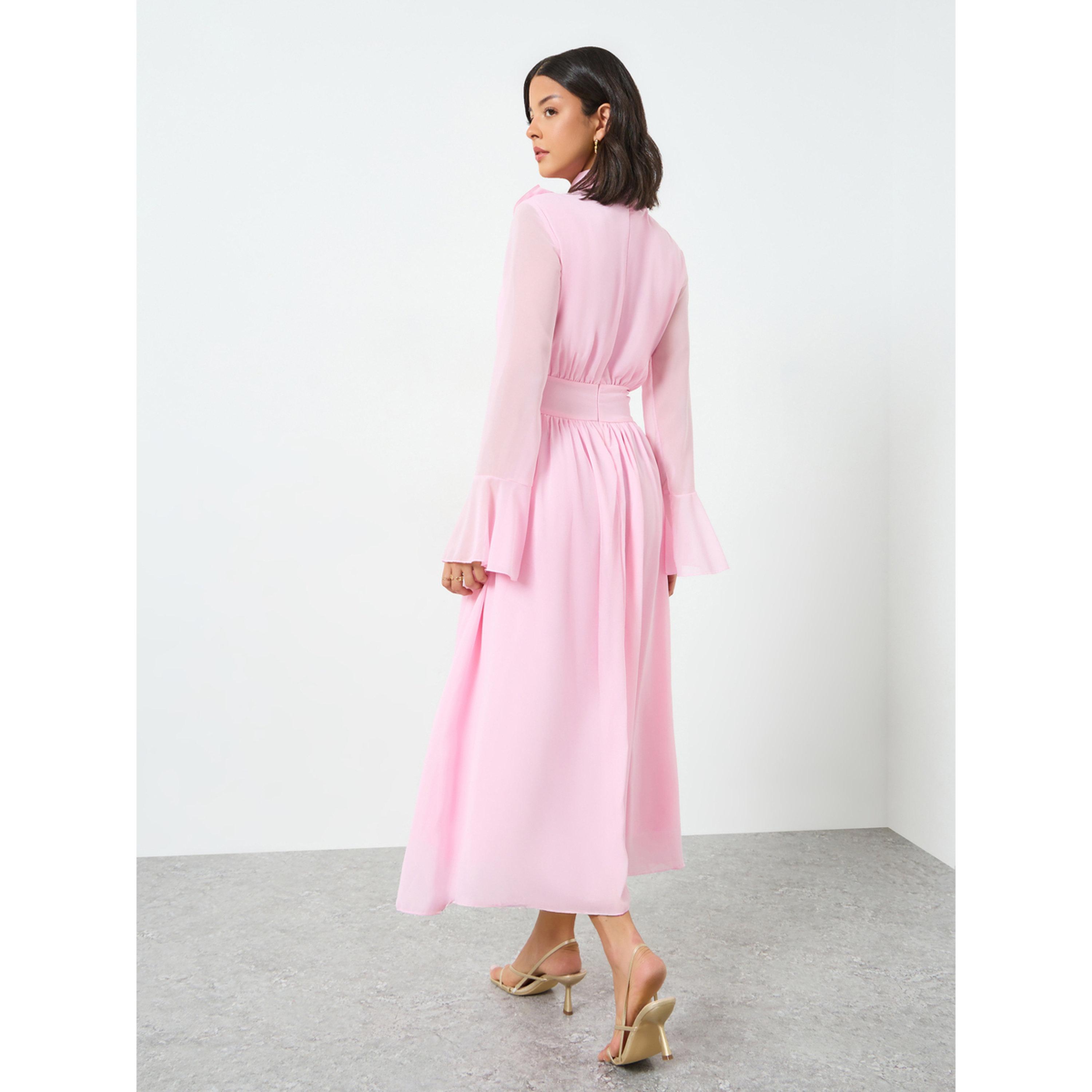 Styli Pink Corsage Detail Midi Dress with Bell Sleeves-women-clothing-dresses-image-5