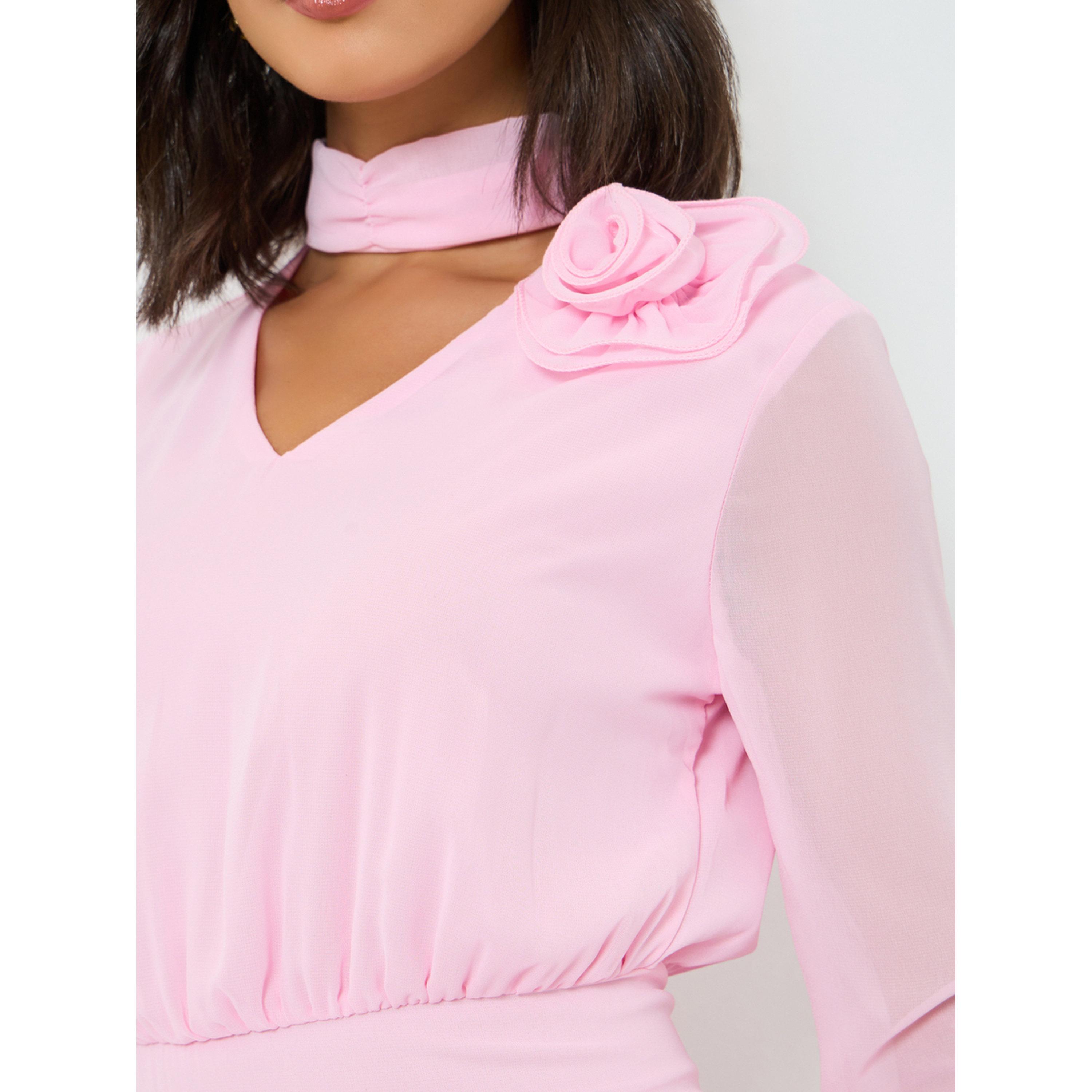 Styli Pink Corsage Detail Midi Dress with Bell Sleeves-women-clothing-dresses-image-6