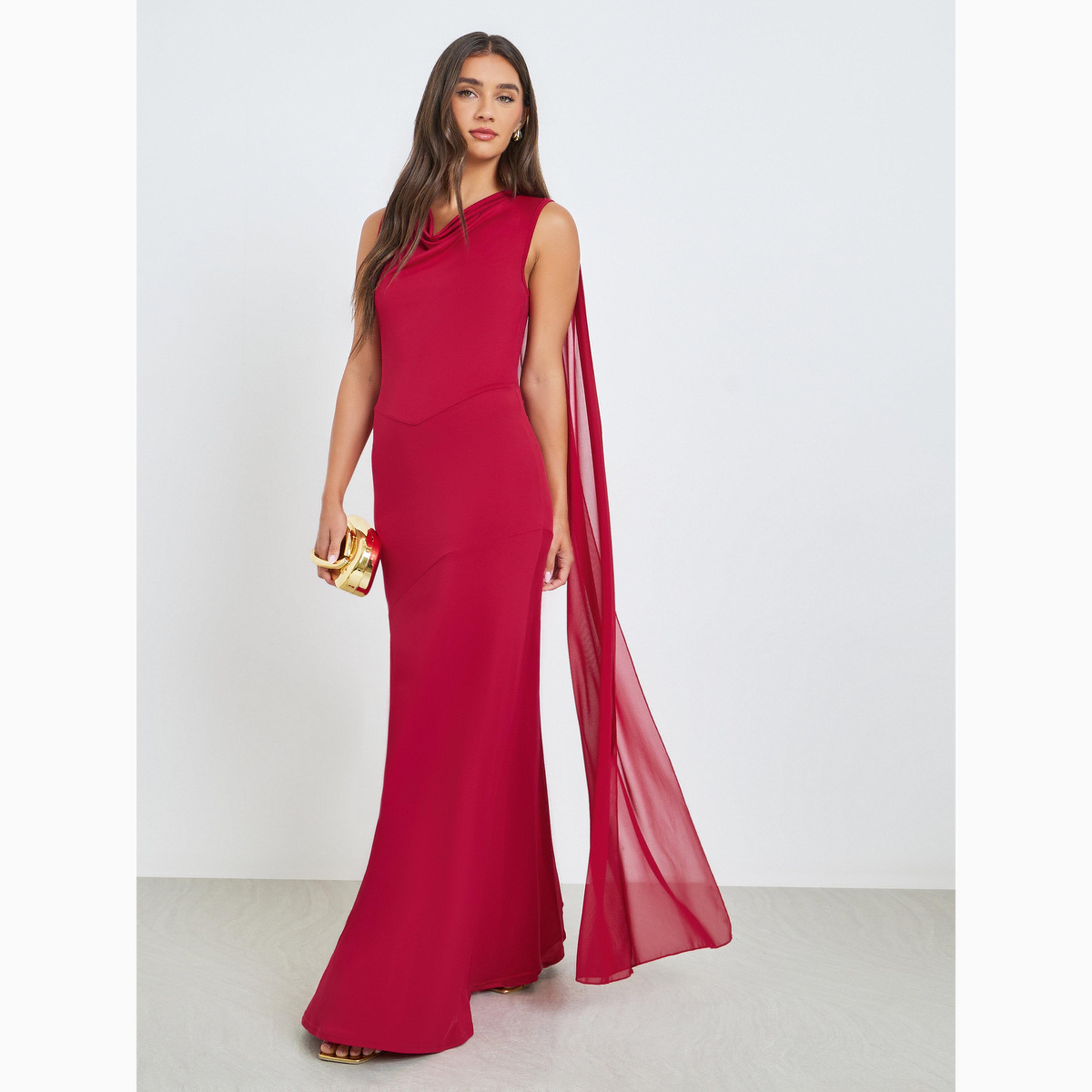 Styli Red Chiffon Draped Maxi Dress-women-clothing-dresses-image-3