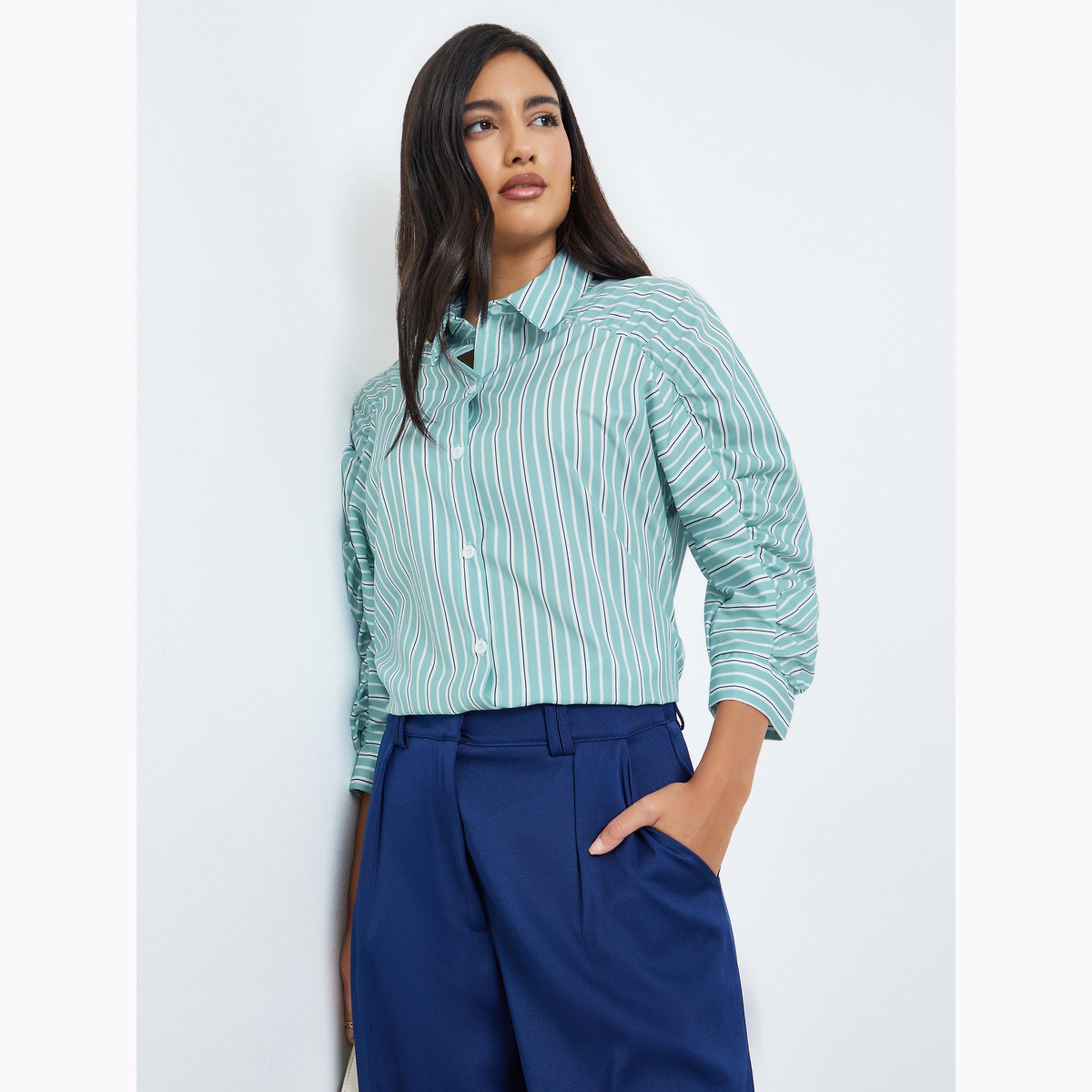 بلوزة قصة واسعة بأكمام 3/4 مخططة-women-clothing-shirtsandblouses-shirts-image-1