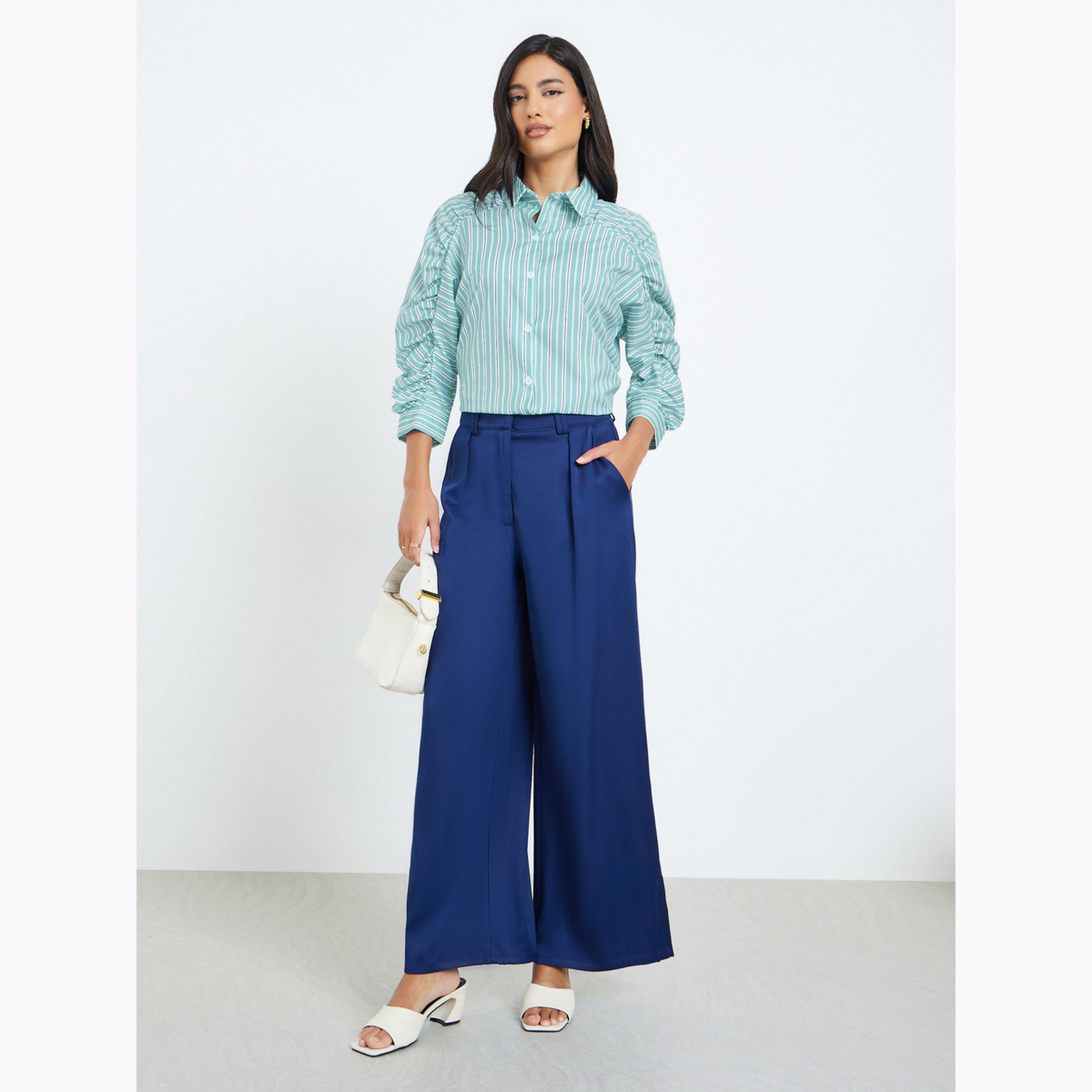 Styli Blue Striped Oversized Shirt with 3/4 Sleeve-women-clothing-shirtsandblouses-shirts-image-2