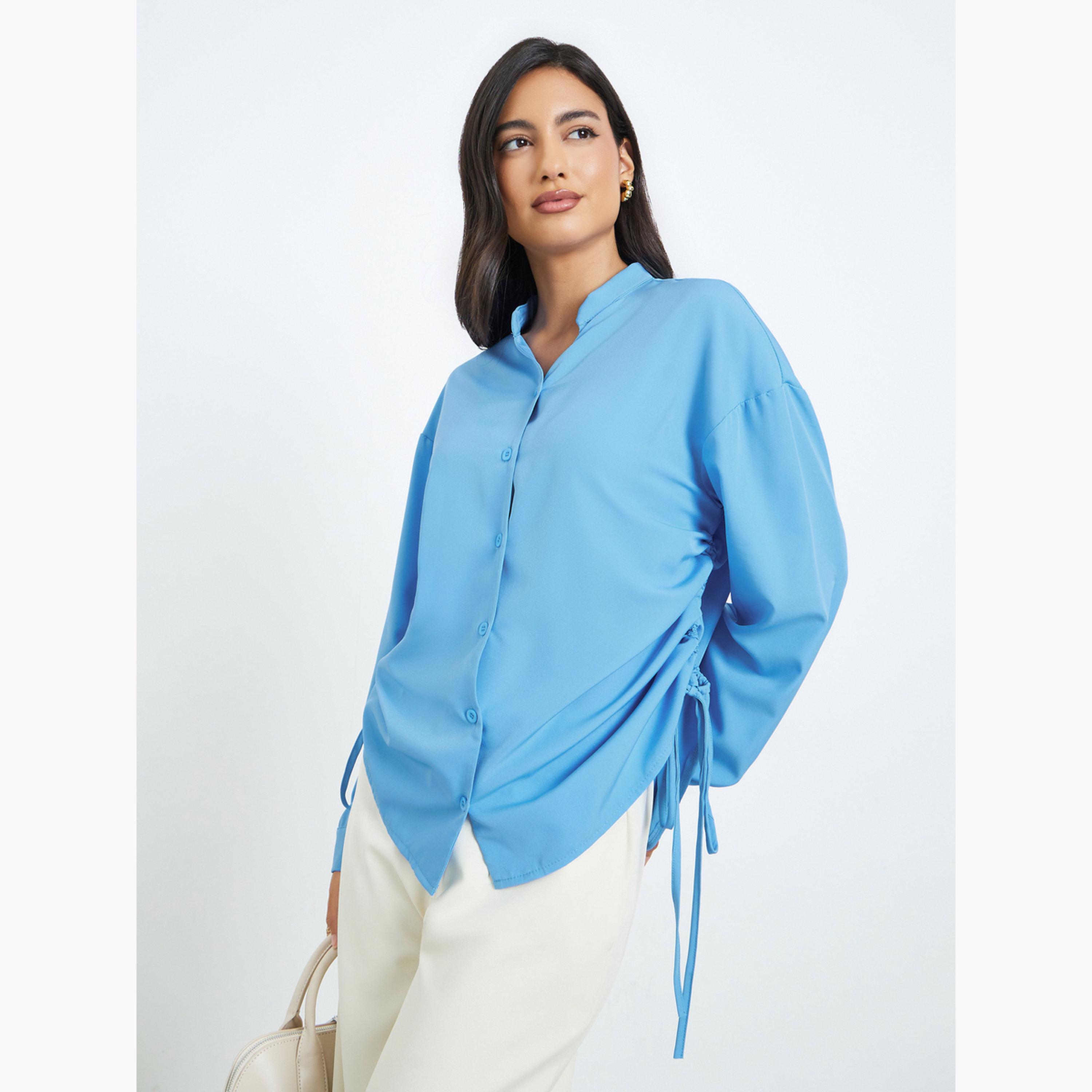 Styli Blue Oversized Long Sleeve Shirt with Drawstring Detail-women-clothing-shirtsandblouses-shirts-image-1