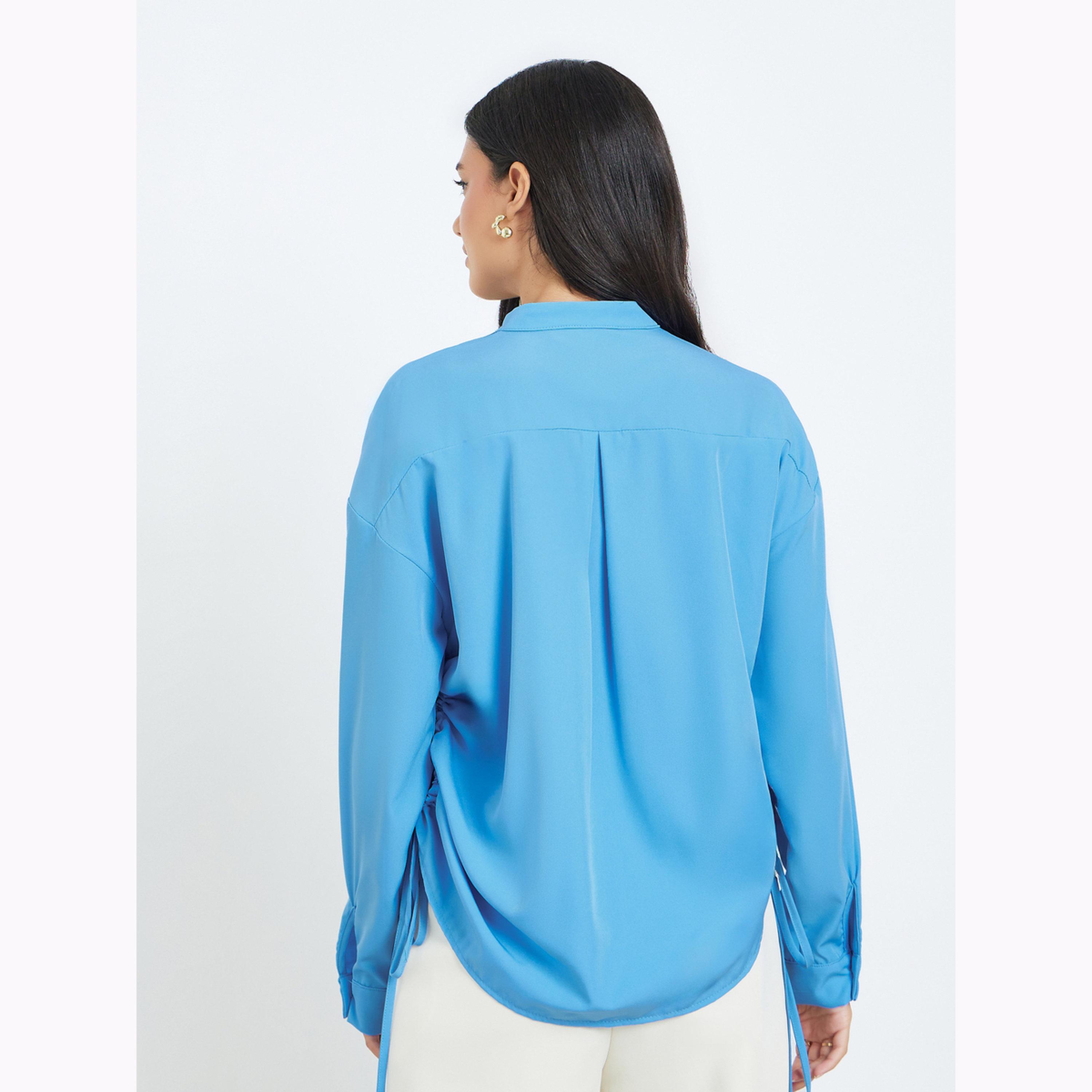 Styli Blue Oversized Long Sleeve Shirt with Drawstring Detail-women-clothing-shirtsandblouses-shirts-image-3