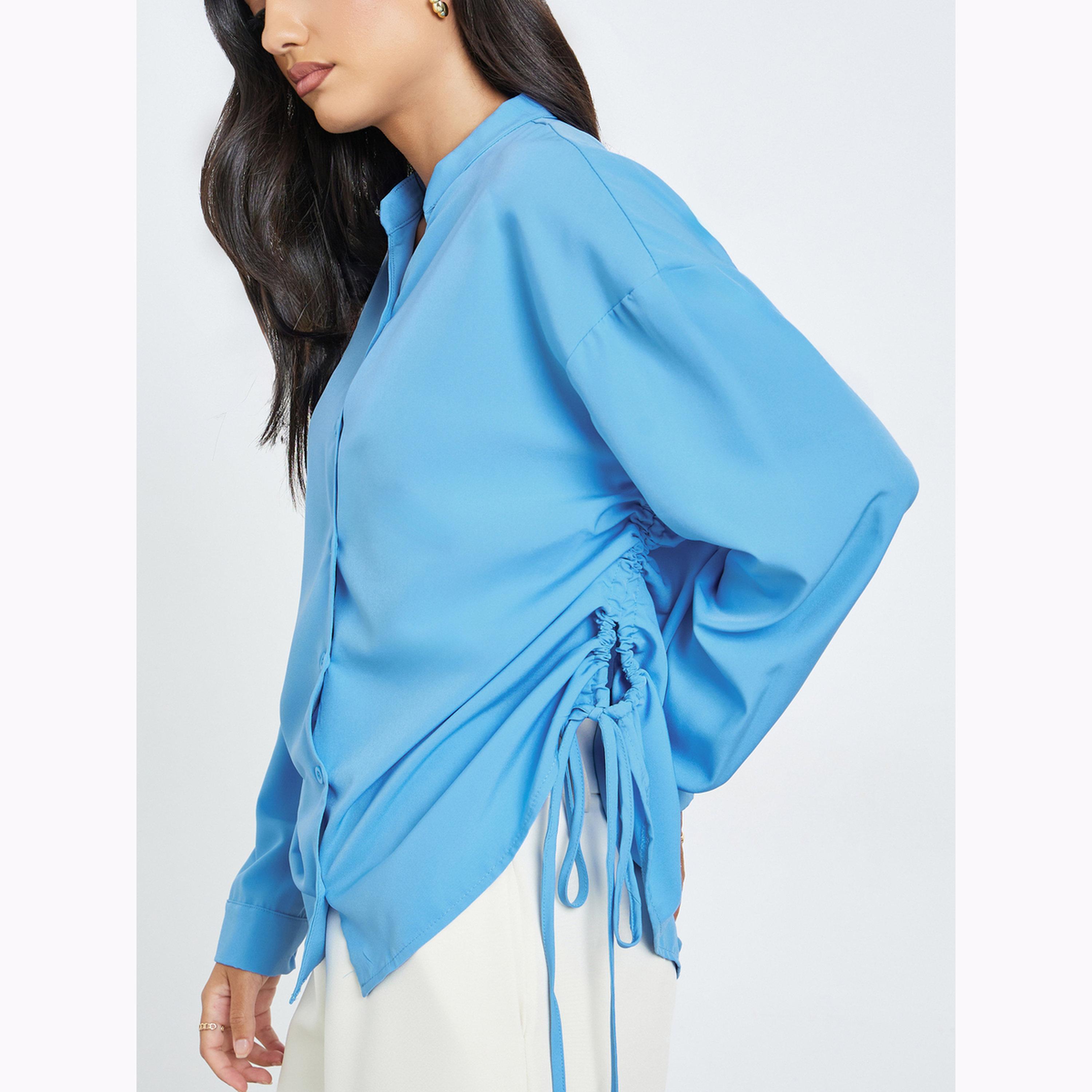 Styli Blue Oversized Long Sleeve Shirt with Drawstring Detail-women-clothing-shirtsandblouses-shirts-image-5
