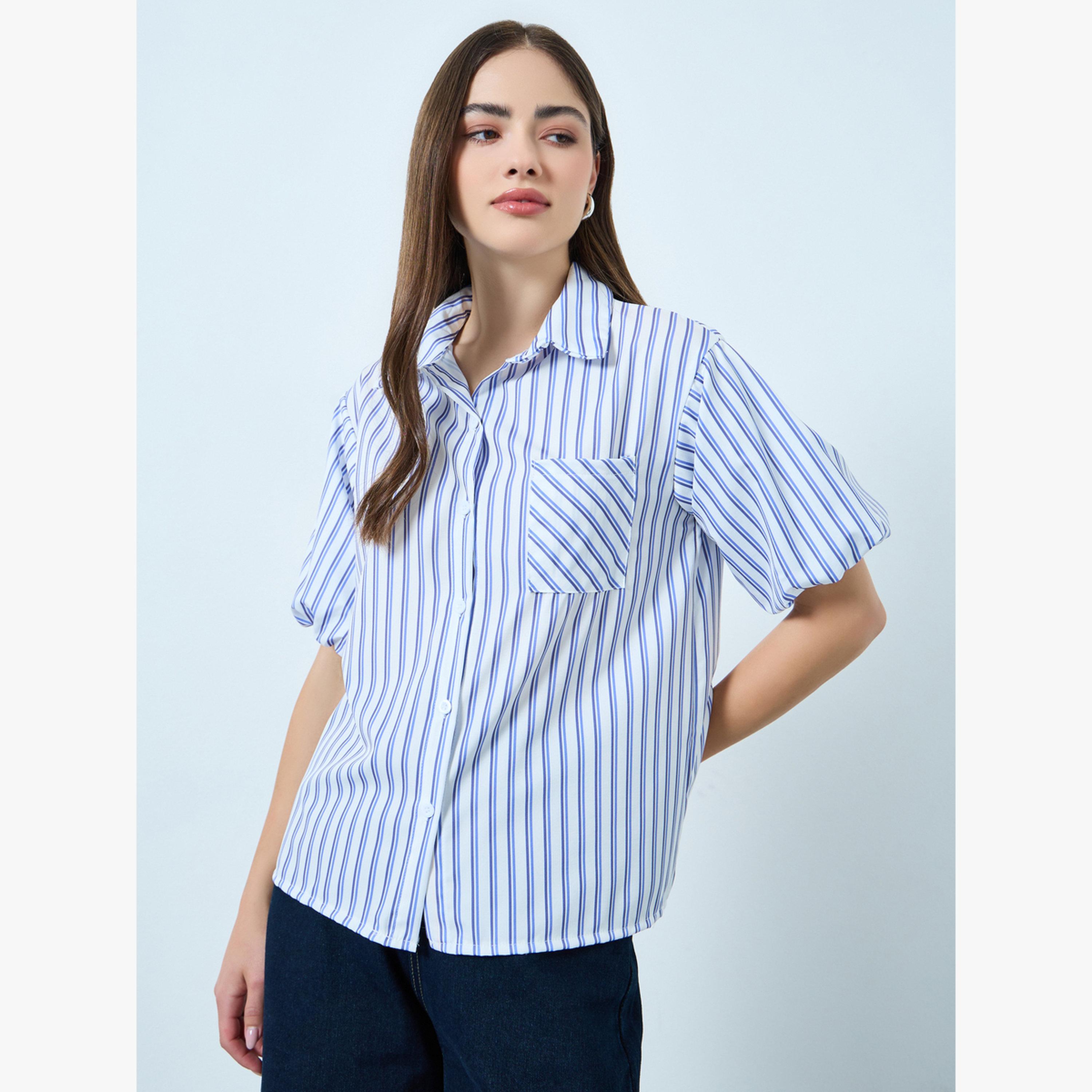 Styli Blue Striped Puff Sleeve Shirt-women-clothing-shirtsandblouses-shirts-image-1