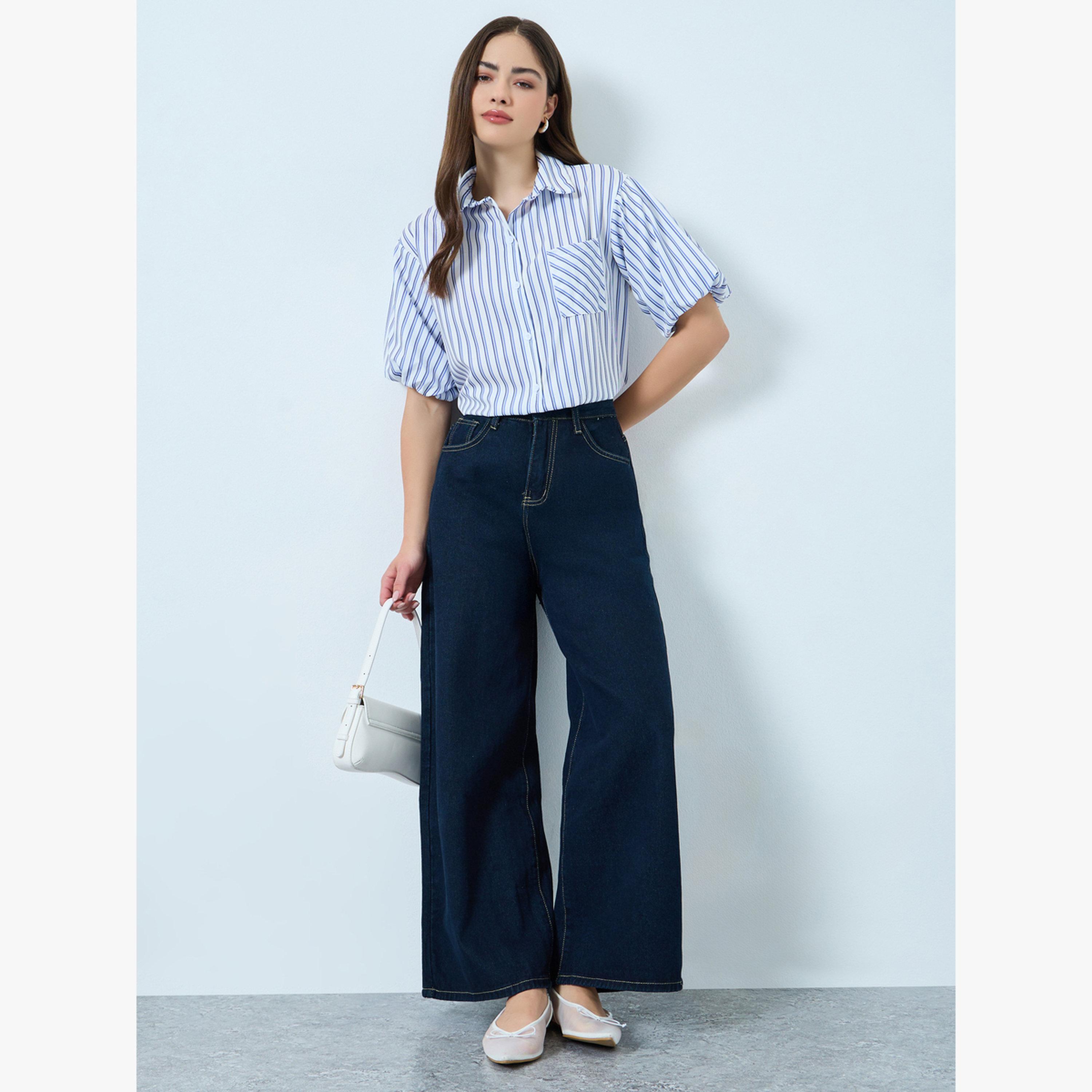 Styli Blue Striped Puff Sleeve Shirt-women-clothing-shirtsandblouses-shirts-image-2