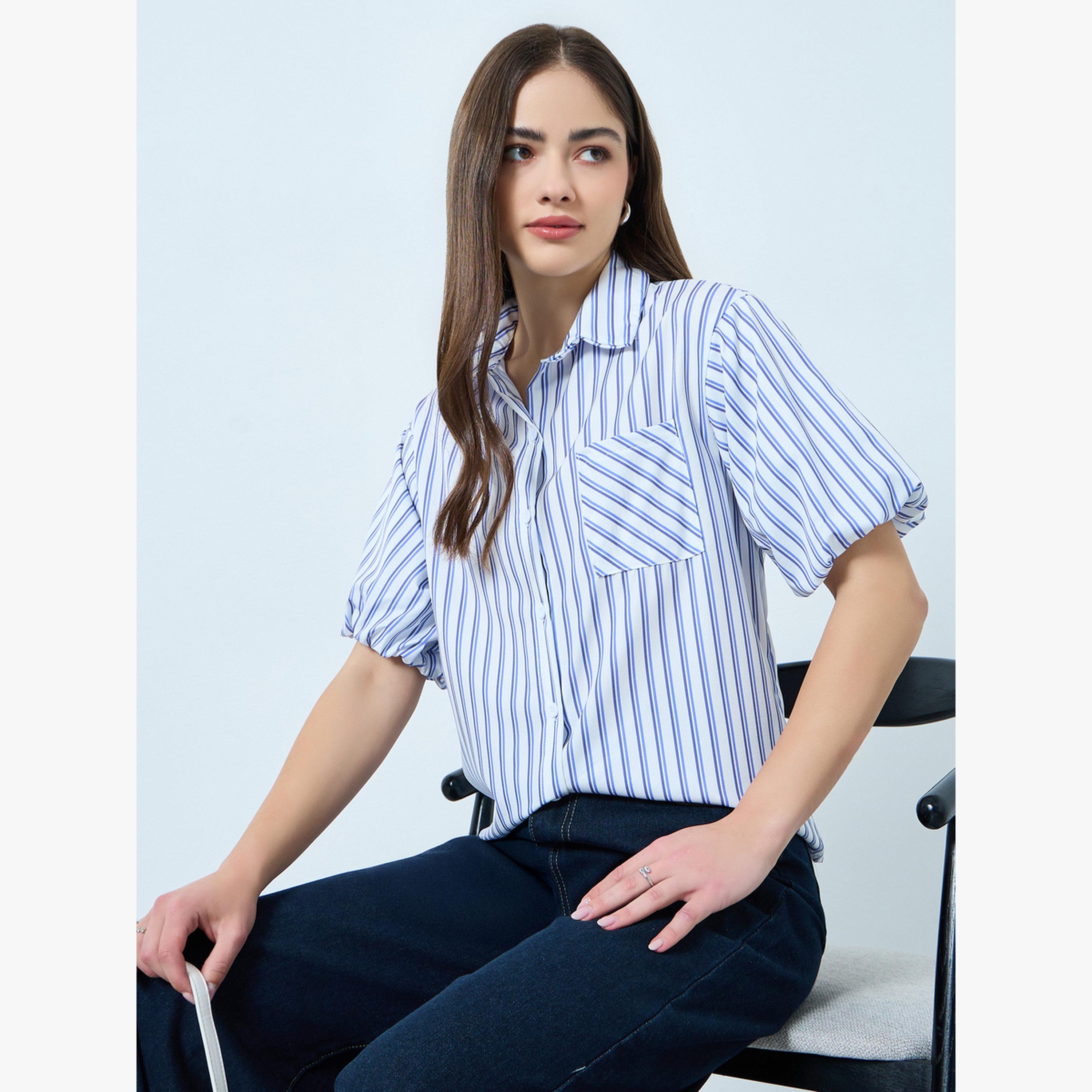 Styli Blue Striped Puff Sleeve Shirt-women-clothing-shirtsandblouses-shirts-image-3